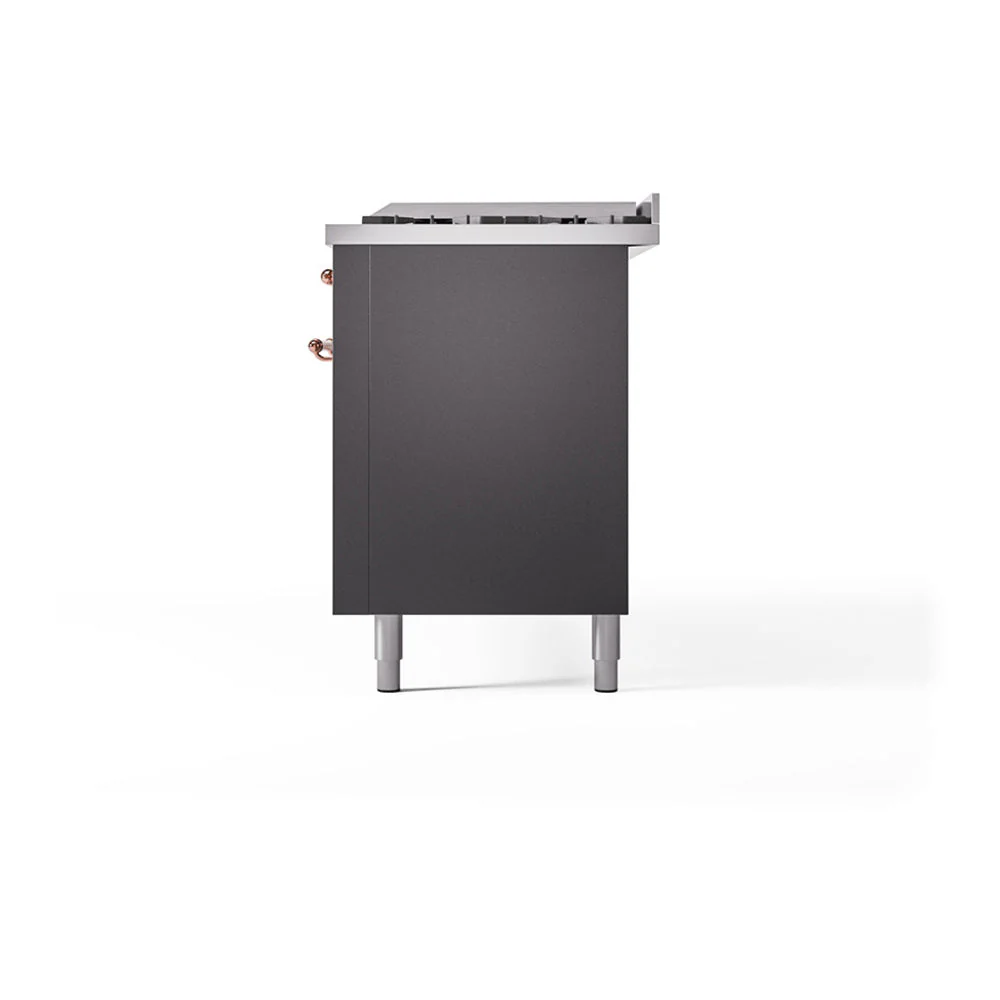 ILVE 60-Inch Nostalgie II Natural Gas Dual Fuel Range with 9 Burners, Griddle, and Solid Door Oven in Matte Graphite with Copper Trim (UP60FQNMPMGP) - Image 5