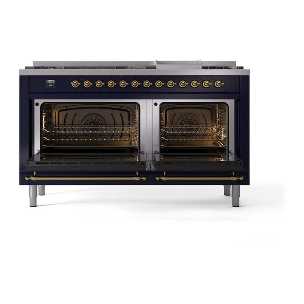 ILVE 60-Inch Nostalgie II Natural Gas Dual Fuel Range with 9 Burners, Griddle, and Solid Door Oven in Midnight Blue with Brass Trim (UP60FQNMPMBG) - Image 2