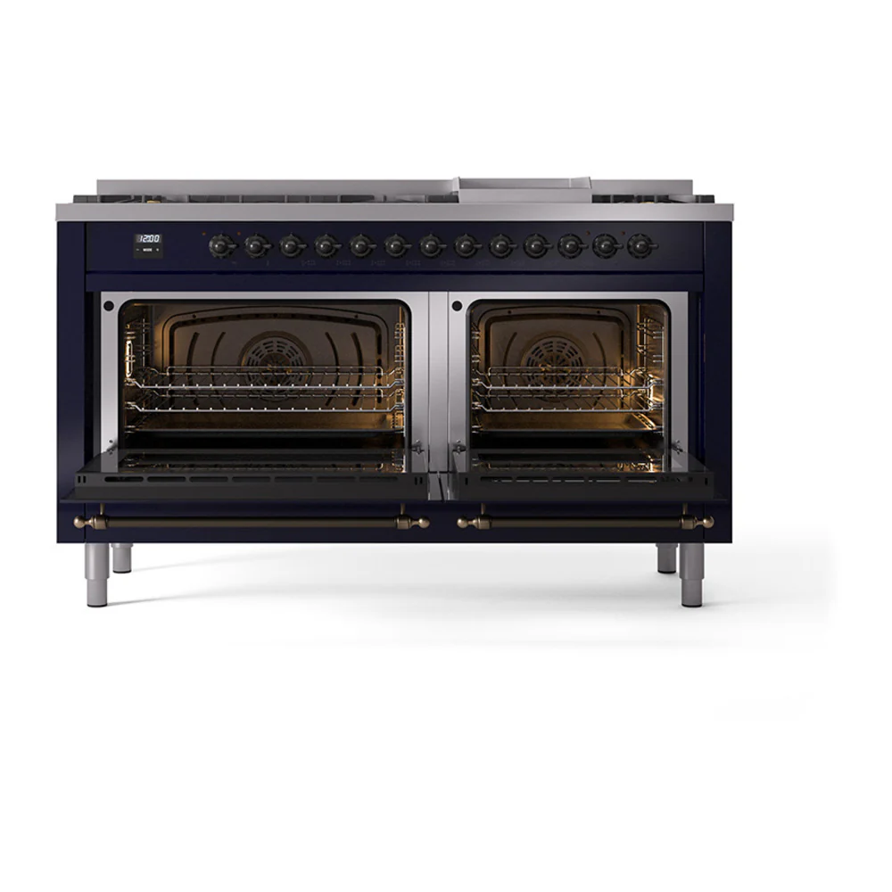 ILVE 60-Inch Nostalgie II Natural Gas Dual Fuel Range with 9 Burners, Griddle, and Solid Door Oven in Midnight Blue with Bronze Trim (UP60FQNMPMBB) - Image 2
