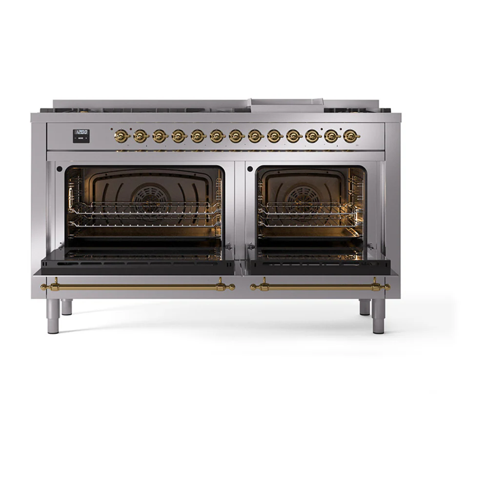 ILVE 60-Inch Nostalgie II Natural Gas Dual Fuel Range with 9 Burners, Griddle, and Solid Door Oven in Stainless Steel with Brass Trim (UP60FQNMPSSG) - Image 2