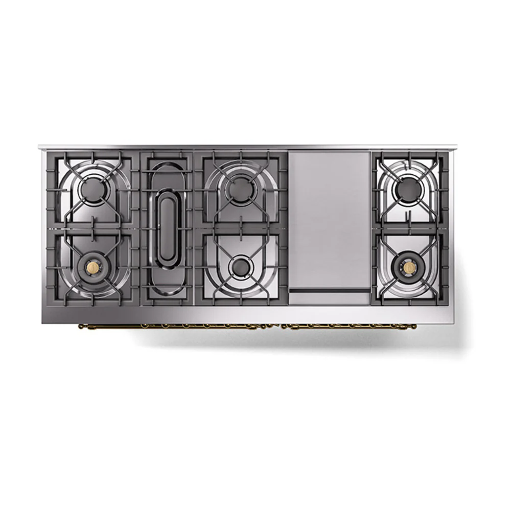 ILVE 60-Inch Nostalgie II Natural Gas Dual Fuel Range with 9 Burners, Griddle, and Solid Door Oven in Stainless Steel with Brass Trim (UP60FQNMPSSG) - Image 3
