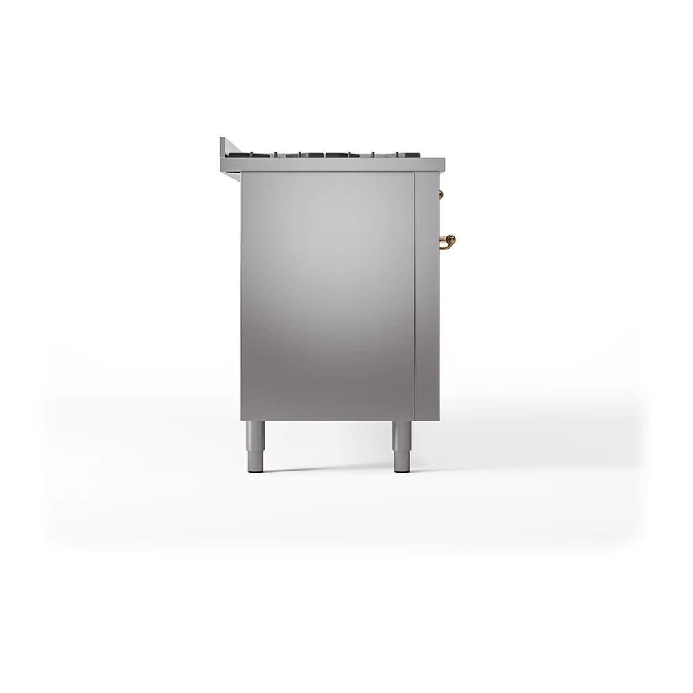 ILVE 60-Inch Nostalgie II Natural Gas Dual Fuel Range with 9 Burners, Griddle, and Solid Door Oven in Stainless Steel with Brass Trim (UP60FQNMPSSG) - Image 4