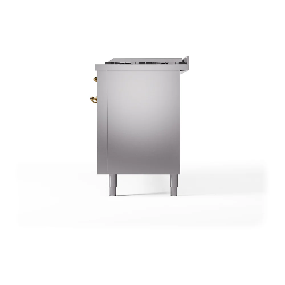 ILVE 60-Inch Nostalgie II Natural Gas Dual Fuel Range with 9 Burners, Griddle, and Solid Door Oven in Stainless Steel with Brass Trim (UP60FQNMPSSG) - Image 5