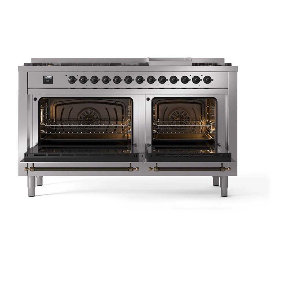 ILVE 60-Inch Nostalgie II Natural Gas Dual Fuel Range with 9 Burners, Griddle, and Solid Door Oven in Stainless Steel with Bronze Trim (UP60FQNMPSSB) - Image 2