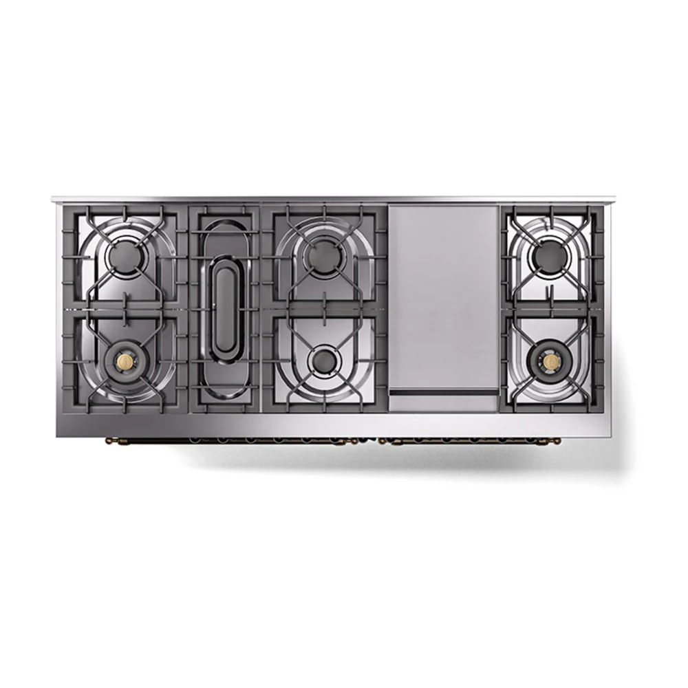 ILVE 60-Inch Nostalgie II Natural Gas Dual Fuel Range with 9 Burners, Griddle, and Solid Door Oven in Stainless Steel with Bronze Trim (UP60FQNMPSSB) - Image 3