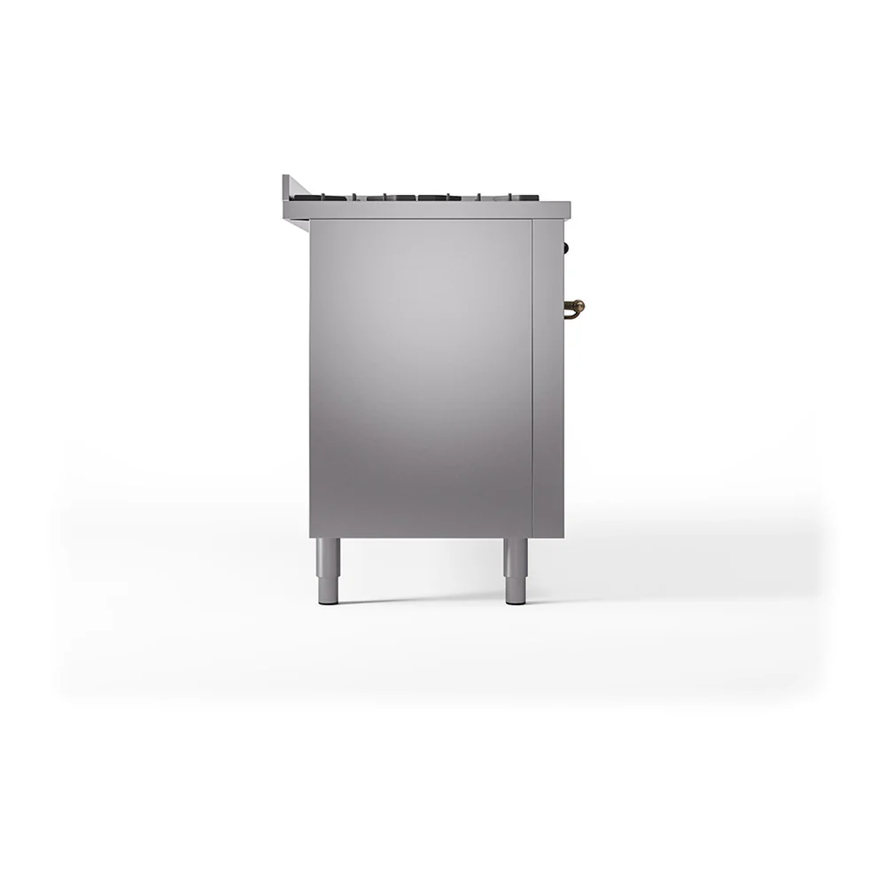 ILVE 60-Inch Nostalgie II Natural Gas Dual Fuel Range with 9 Burners, Griddle, and Solid Door Oven in Stainless Steel with Bronze Trim (UP60FQNMPSSB) - Image 4
