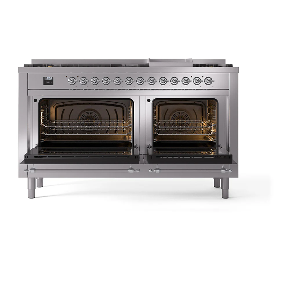 ILVE 60-Inch Nostalgie II Natural Gas Dual Fuel Range with 9 Burners, Griddle, and Solid Door Oven in Stainless Steel with Chrome Trim (UP60FQNMPSSC) - Image 2