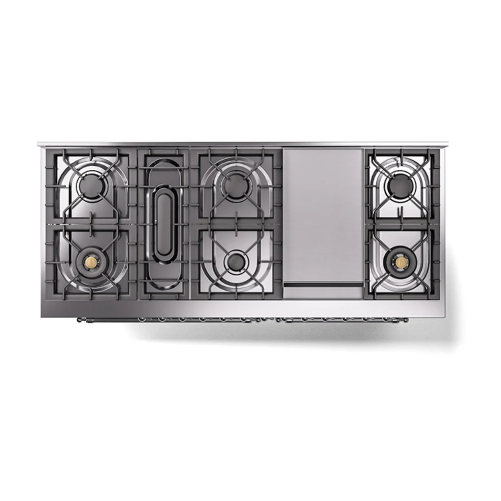 ILVE 60-Inch Nostalgie II Natural Gas Dual Fuel Range with 9 Burners, Griddle, and Solid Door Oven in Stainless Steel with Chrome Trim (UP60FQNMPSSC) - Image 3