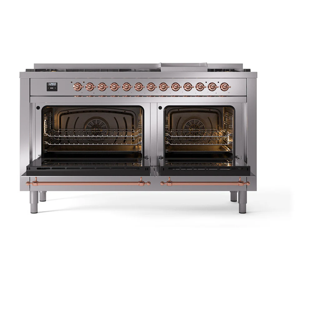ILVE 60-Inch Nostalgie II Natural Gas Dual Fuel Range with 9 Burners, Griddle, and Solid Door Oven in Stainless Steel with Copper Trim (UP60FQNMPSSP) - Image 2