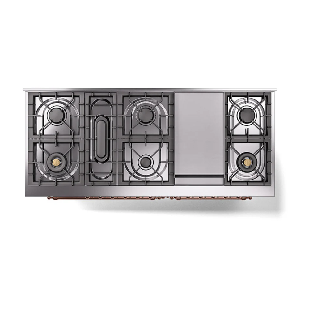 ILVE 60-Inch Nostalgie II Natural Gas Dual Fuel Range with 9 Burners, Griddle, and Solid Door Oven in Stainless Steel with Copper Trim (UP60FQNMPSSP) - Image 3