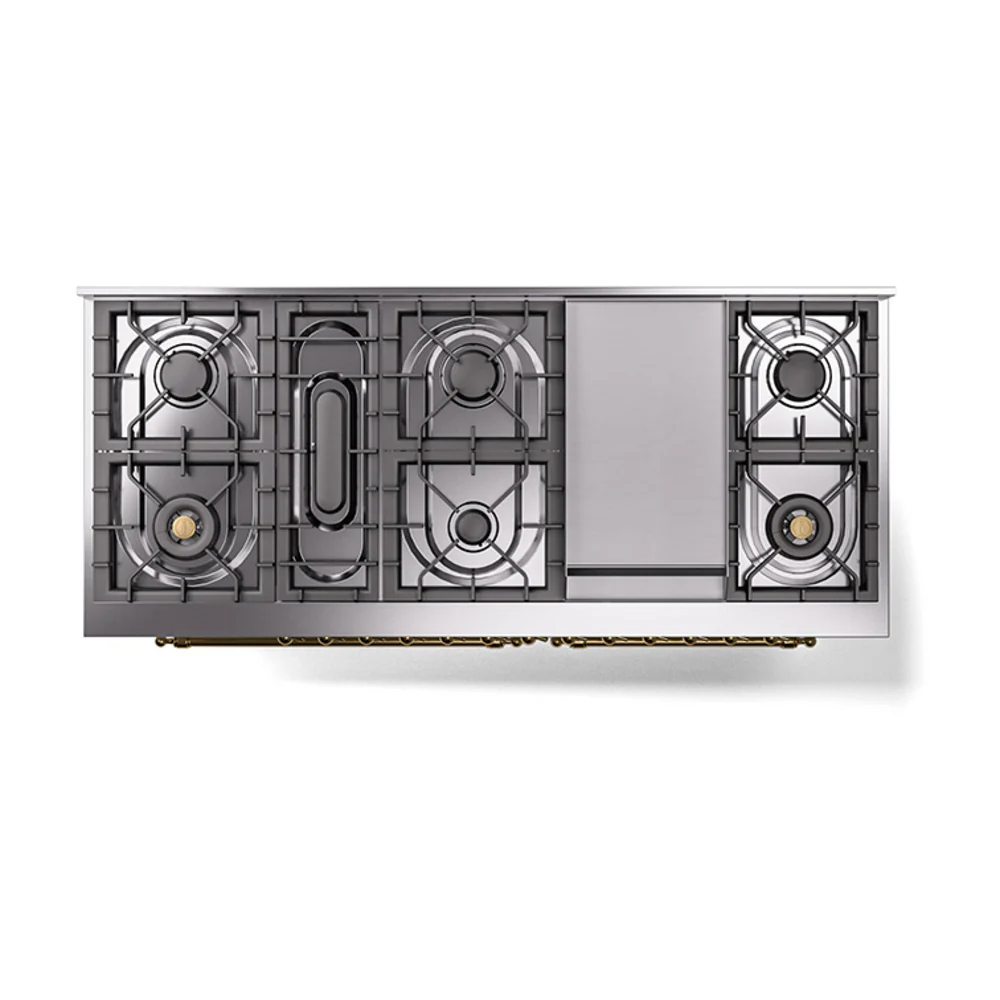ILVE 60-Inch Nostalgie II Natural Gas Dual Fuel Range with 9 Burners, Griddle, and Solid Door Oven in White with Brass Trim (UP60FQNMPWHG) - Image 3