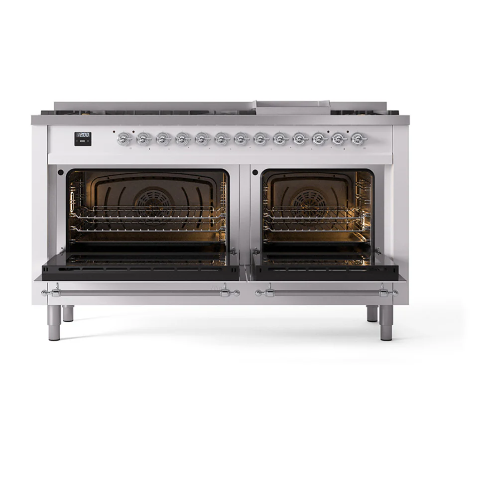 ILVE 60-Inch Nostalgie II Natural Gas Dual Fuel Range with 9 Burners, Griddle, and Solid Door Oven in White with Chrome Trim (UP60FQNMPWHC) - Image 2