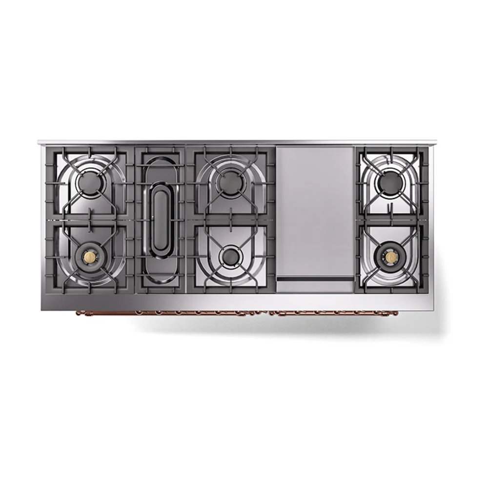 ILVE 60-Inch Nostalgie II Natural Gas Dual Fuel Range with 9 Burners, Griddle, and Solid Door Oven in White with Copper Trim (UP60FQNMPWHP) - Image 3