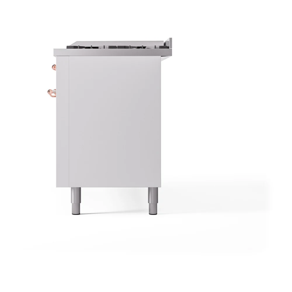 ILVE 60-Inch Nostalgie II Natural Gas Dual Fuel Range with 9 Burners, Griddle, and Solid Door Oven in White with Copper Trim (UP60FQNMPWHP) - Image 5