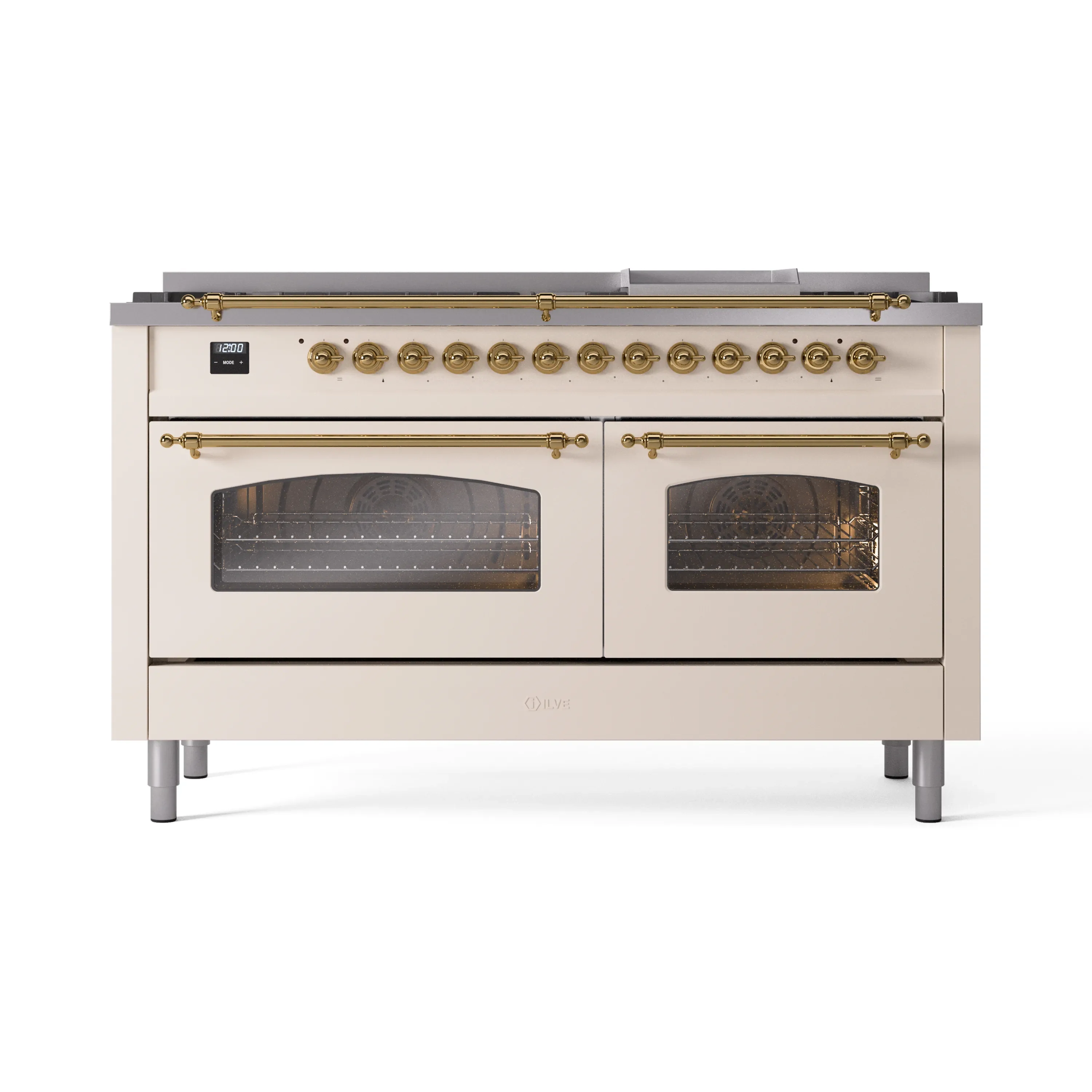 ILVE 60-Inch Nostalgie II Natural Gas Dual Fuel Range with 9 Burners, Griddle and Triple Glass Door Oven in Antique White with Brass Trim (UP60FNMPAWG) - Image 2