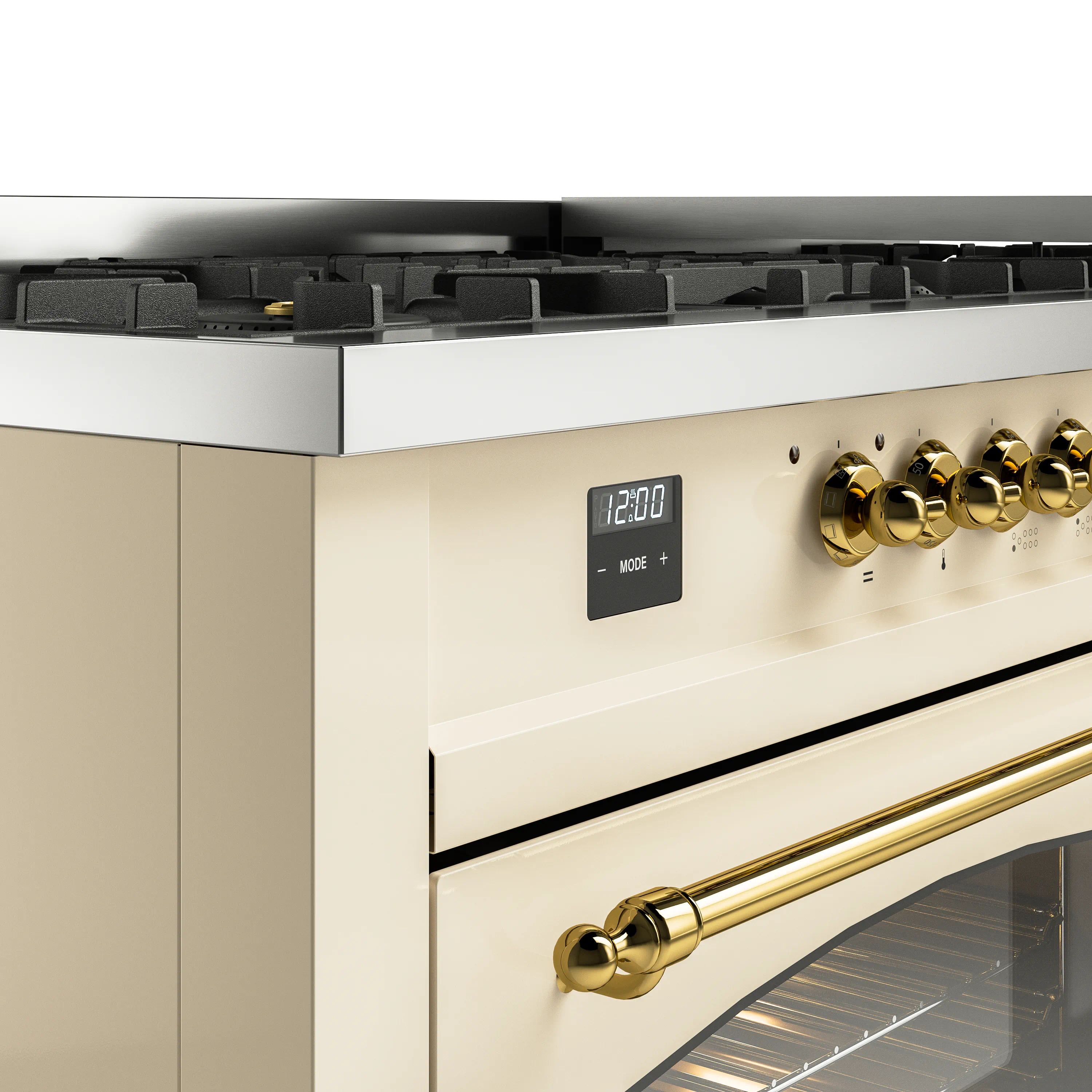 ILVE 60-Inch Nostalgie II Natural Gas Dual Fuel Range with 9 Burners, Griddle and Triple Glass Door Oven in Antique White with Brass Trim (UP60FNMPAWG) - Image 3