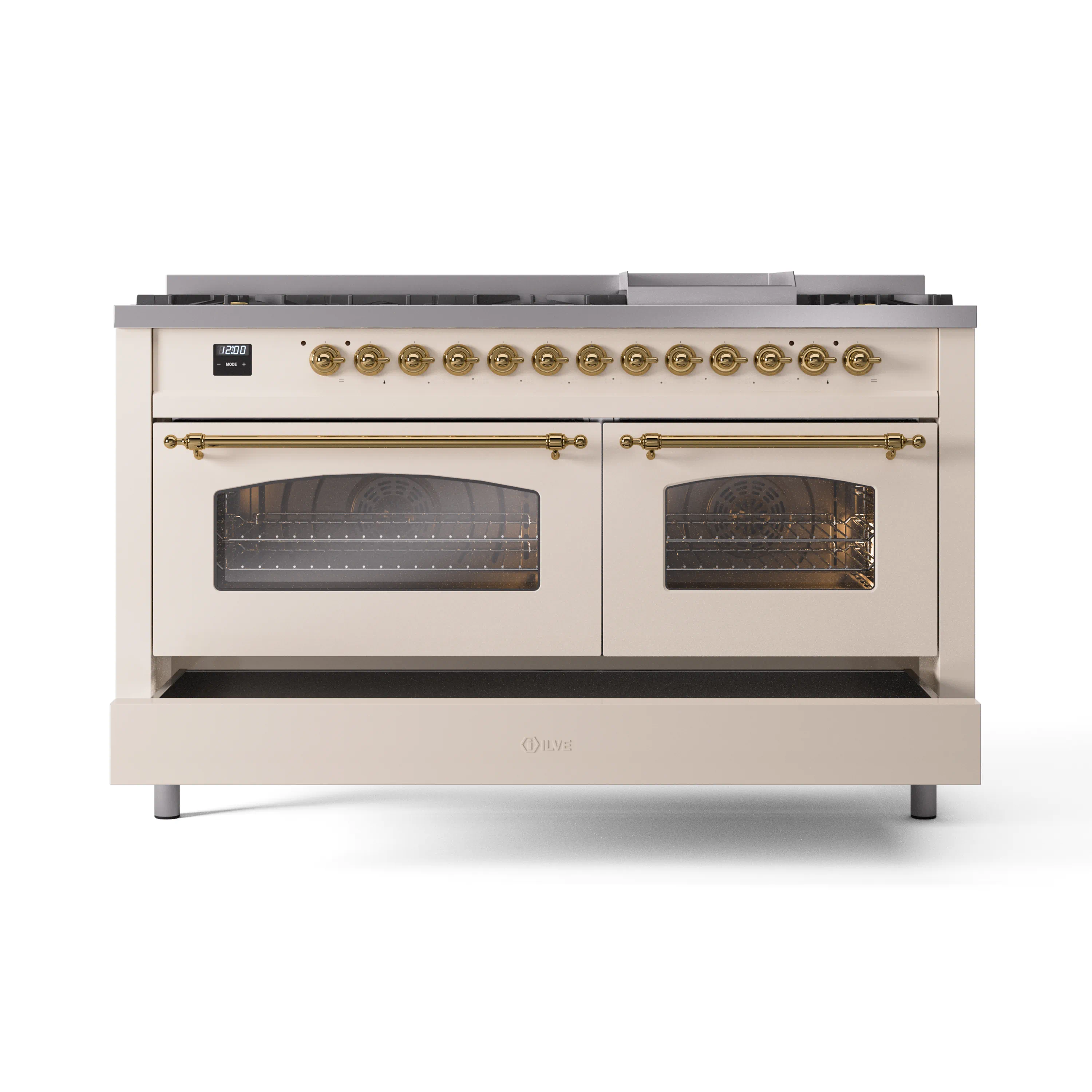 ILVE 60-Inch Nostalgie II Natural Gas Dual Fuel Range with 9 Burners, Griddle and Triple Glass Door Oven in Antique White with Brass Trim (UP60FNMPAWG) - Image 6