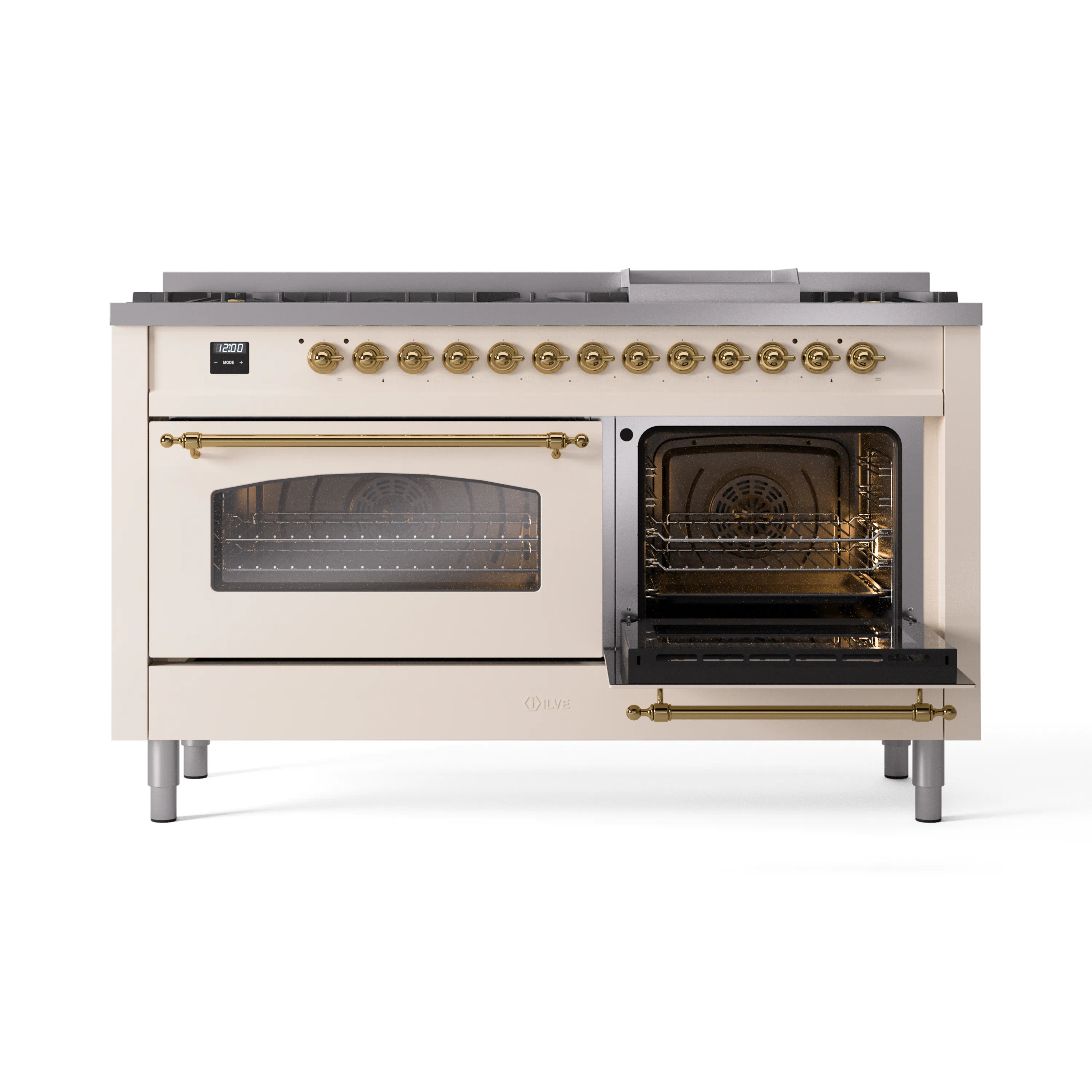 ILVE 60-Inch Nostalgie II Natural Gas Dual Fuel Range with 9 Burners, Griddle and Triple Glass Door Oven in Antique White with Brass Trim (UP60FNMPAWG) - Image 7