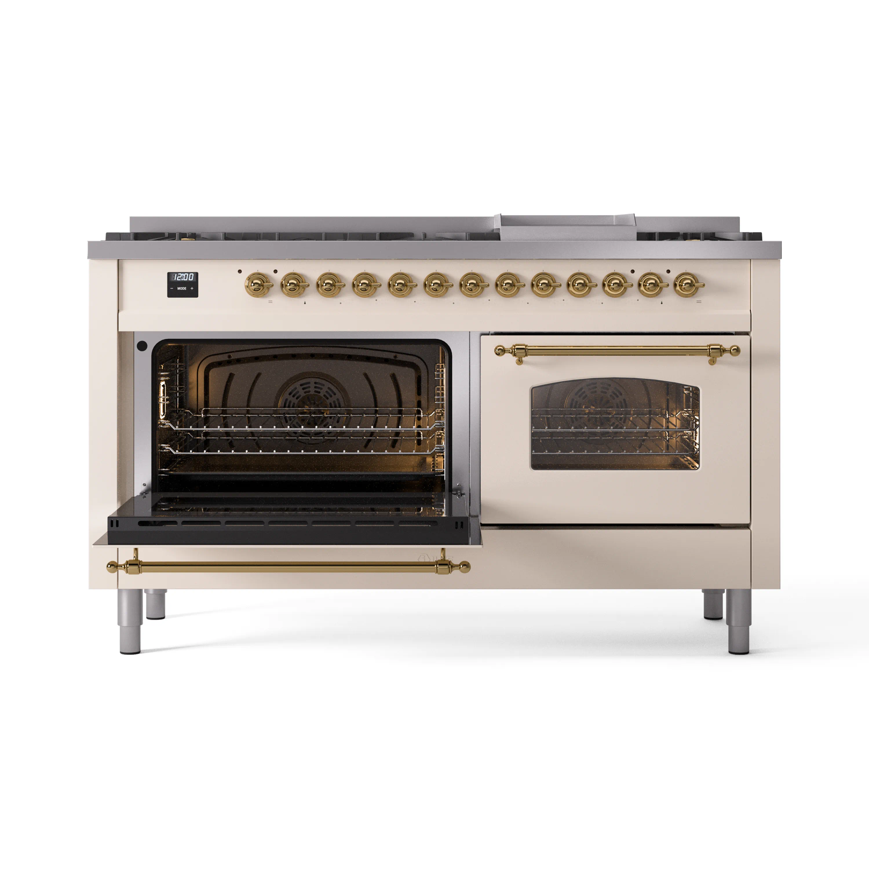 ILVE 60-Inch Nostalgie II Natural Gas Dual Fuel Range with 9 Burners, Griddle and Triple Glass Door Oven in Antique White with Brass Trim (UP60FNMPAWG) - Image 8