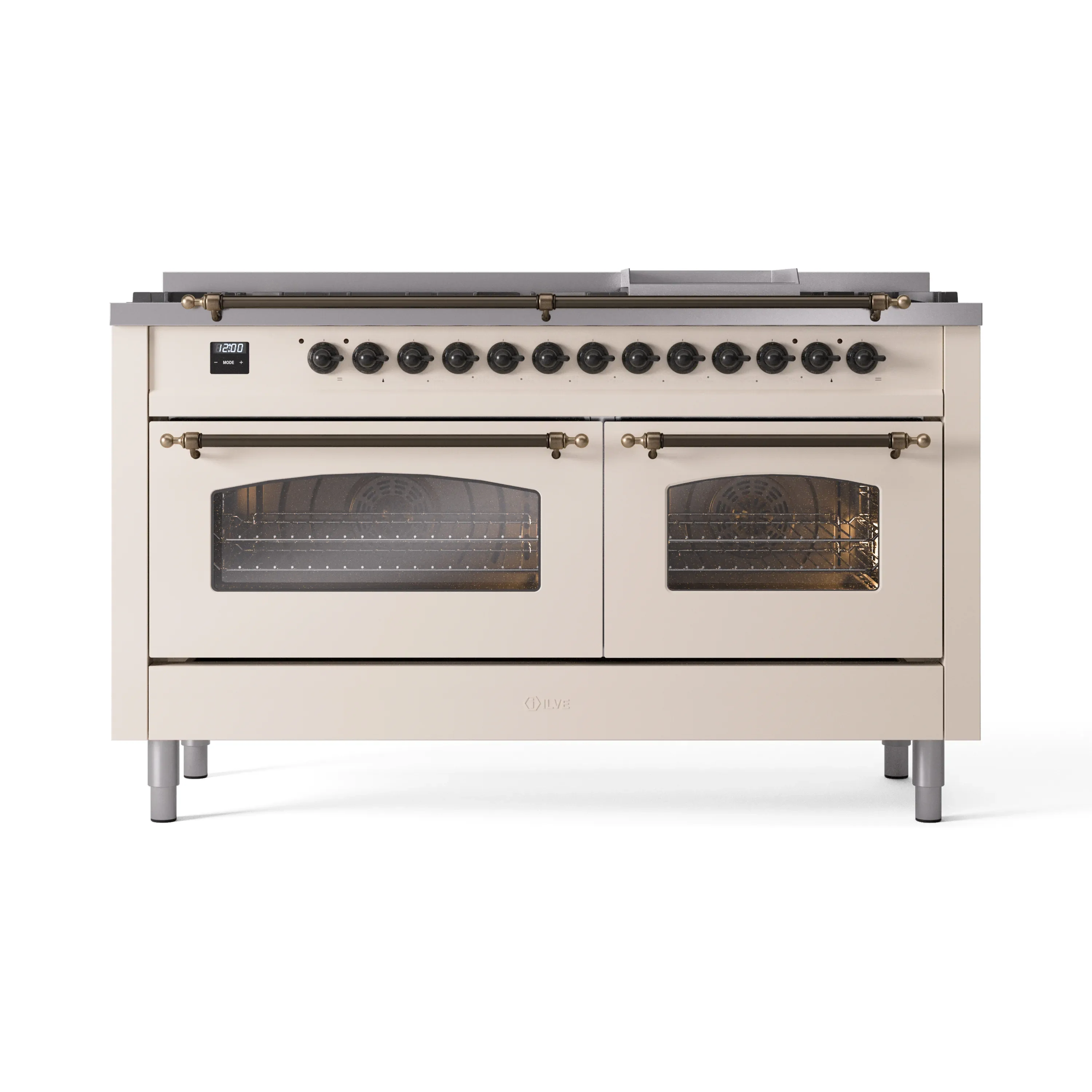 ILVE 60-Inch Nostalgie II Natural Gas Dual Fuel Range with 9 Burners, Griddle and Triple Glass Door Oven in Antique White with Bronze Trim (UP60FNMPAWB) - Image 2