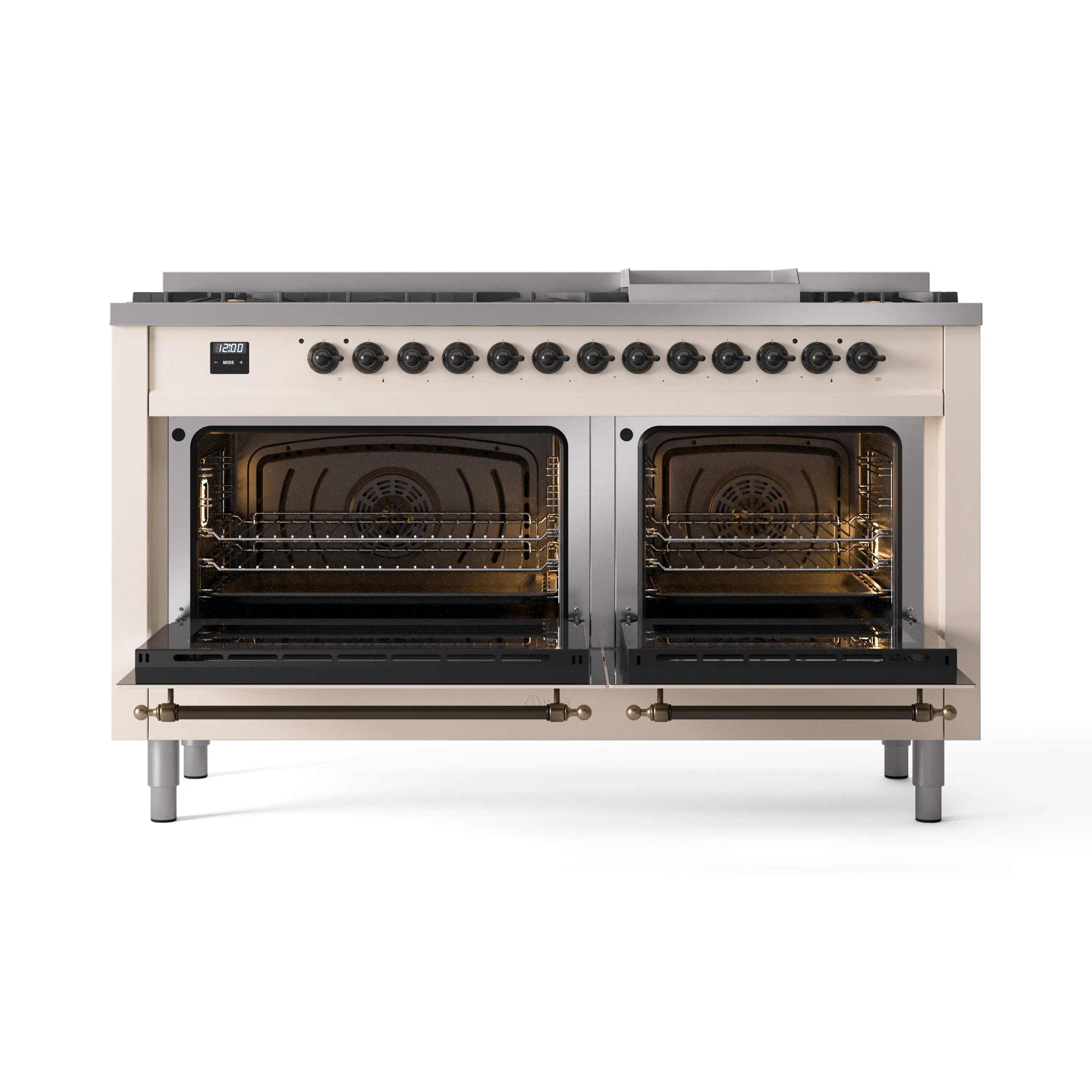 ILVE 60-Inch Nostalgie II Natural Gas Dual Fuel Range with 9 Burners, Griddle and Triple Glass Door Oven in Antique White with Bronze Trim (UP60FNMPAWB) - Image 5