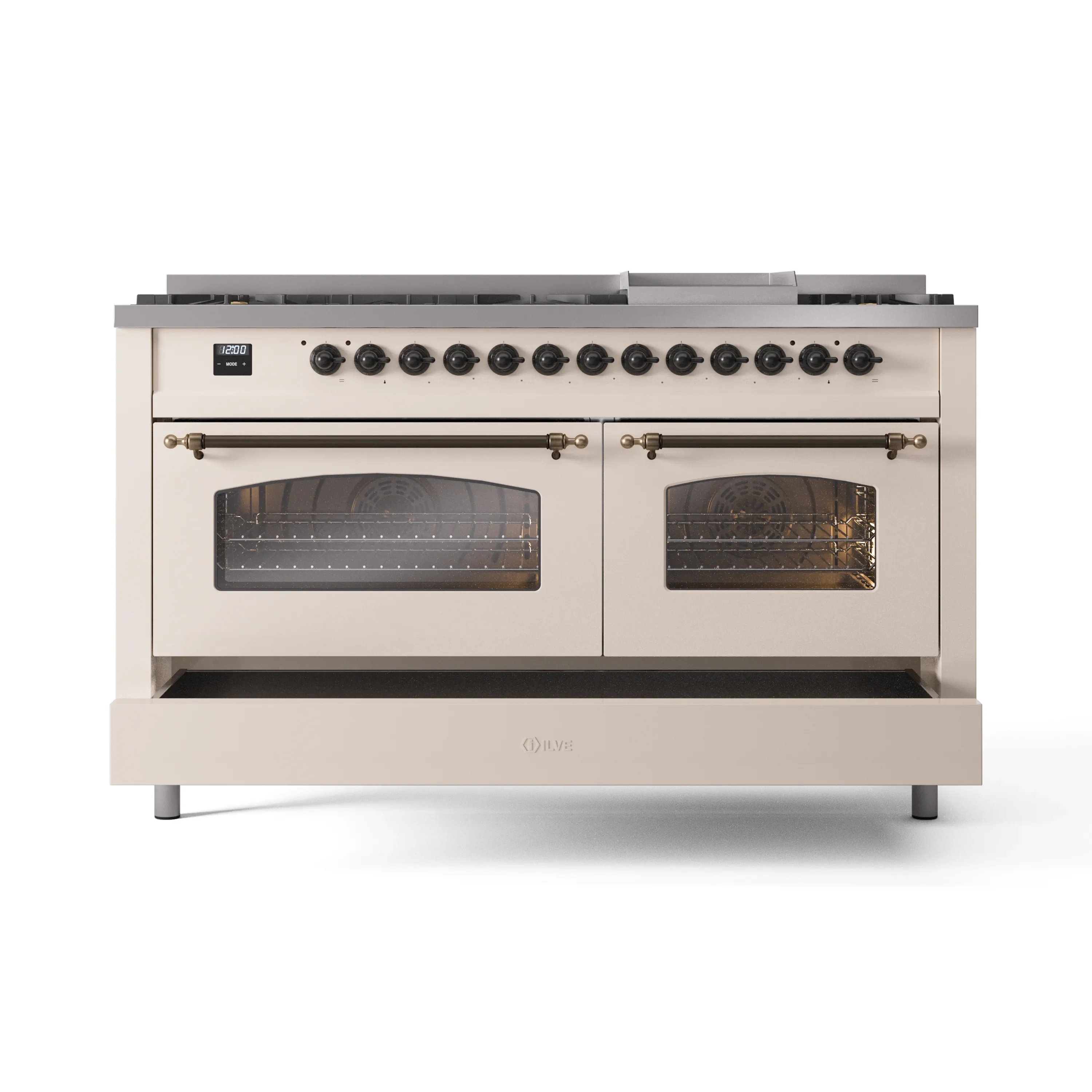 ILVE 60-Inch Nostalgie II Natural Gas Dual Fuel Range with 9 Burners, Griddle and Triple Glass Door Oven in Antique White with Bronze Trim (UP60FNMPAWB) - Image 6