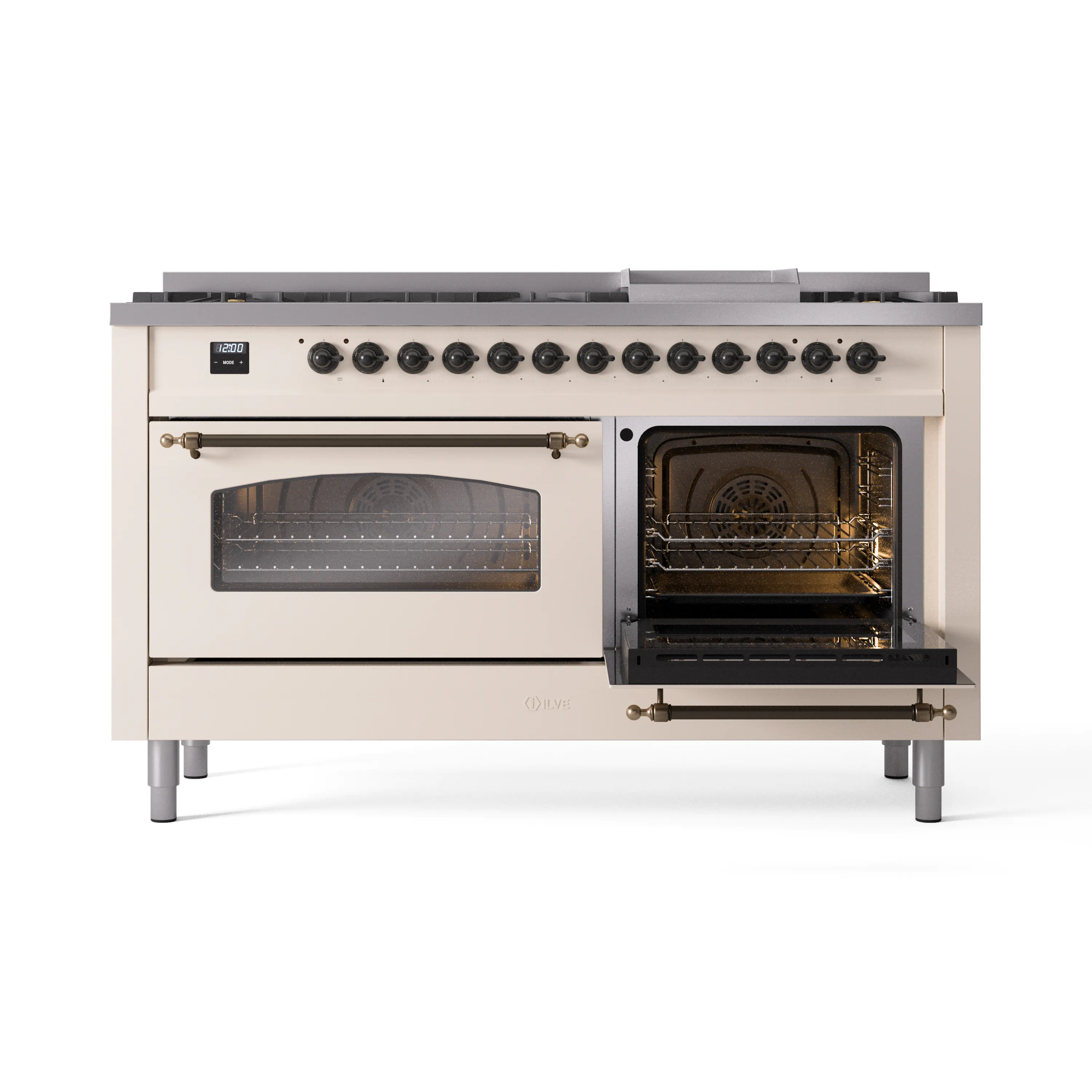 ILVE 60-Inch Nostalgie II Natural Gas Dual Fuel Range with 9 Burners, Griddle and Triple Glass Door Oven in Antique White with Bronze Trim (UP60FNMPAWB) - Image 7