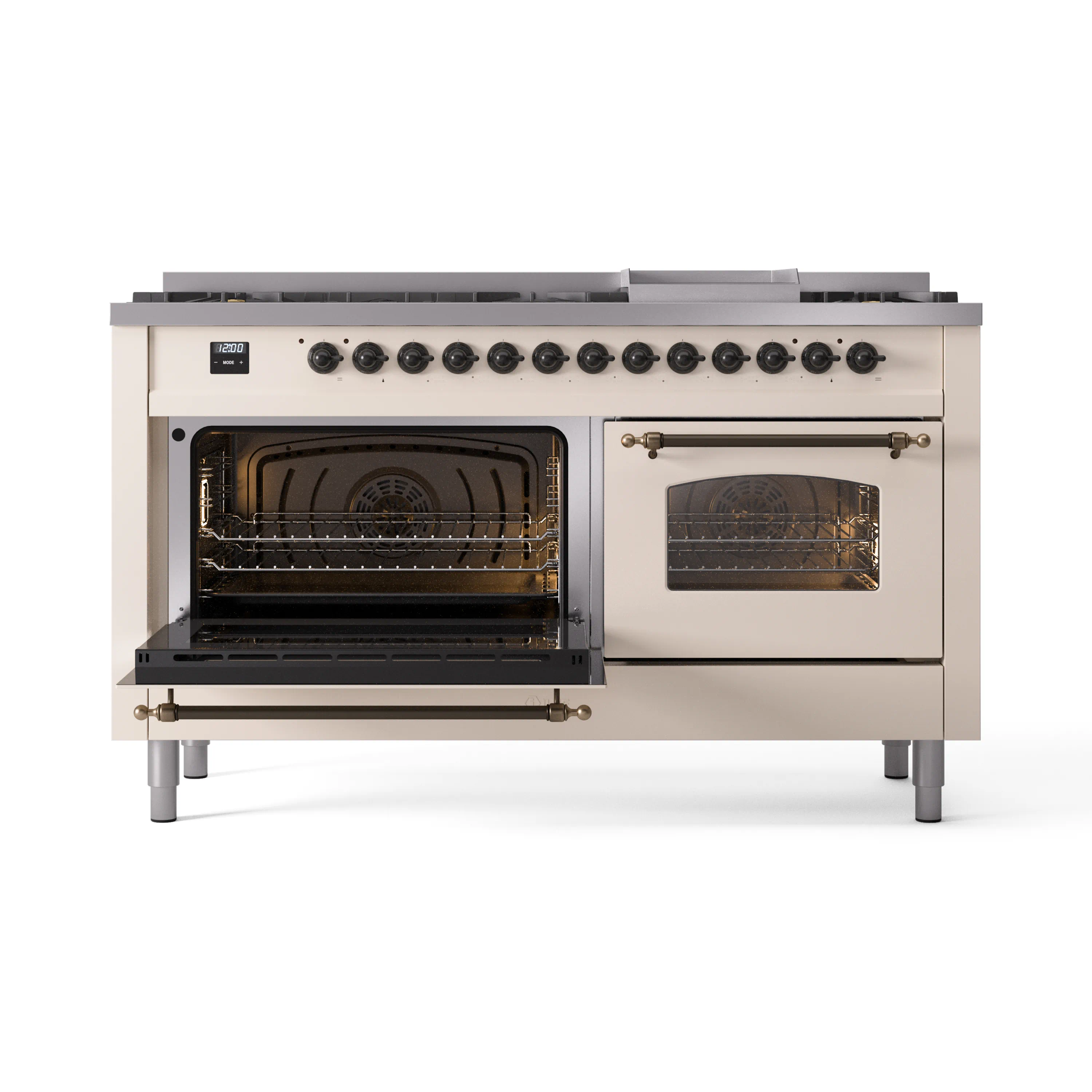 ILVE 60-Inch Nostalgie II Natural Gas Dual Fuel Range with 9 Burners, Griddle and Triple Glass Door Oven in Antique White with Bronze Trim (UP60FNMPAWB) - Image 8