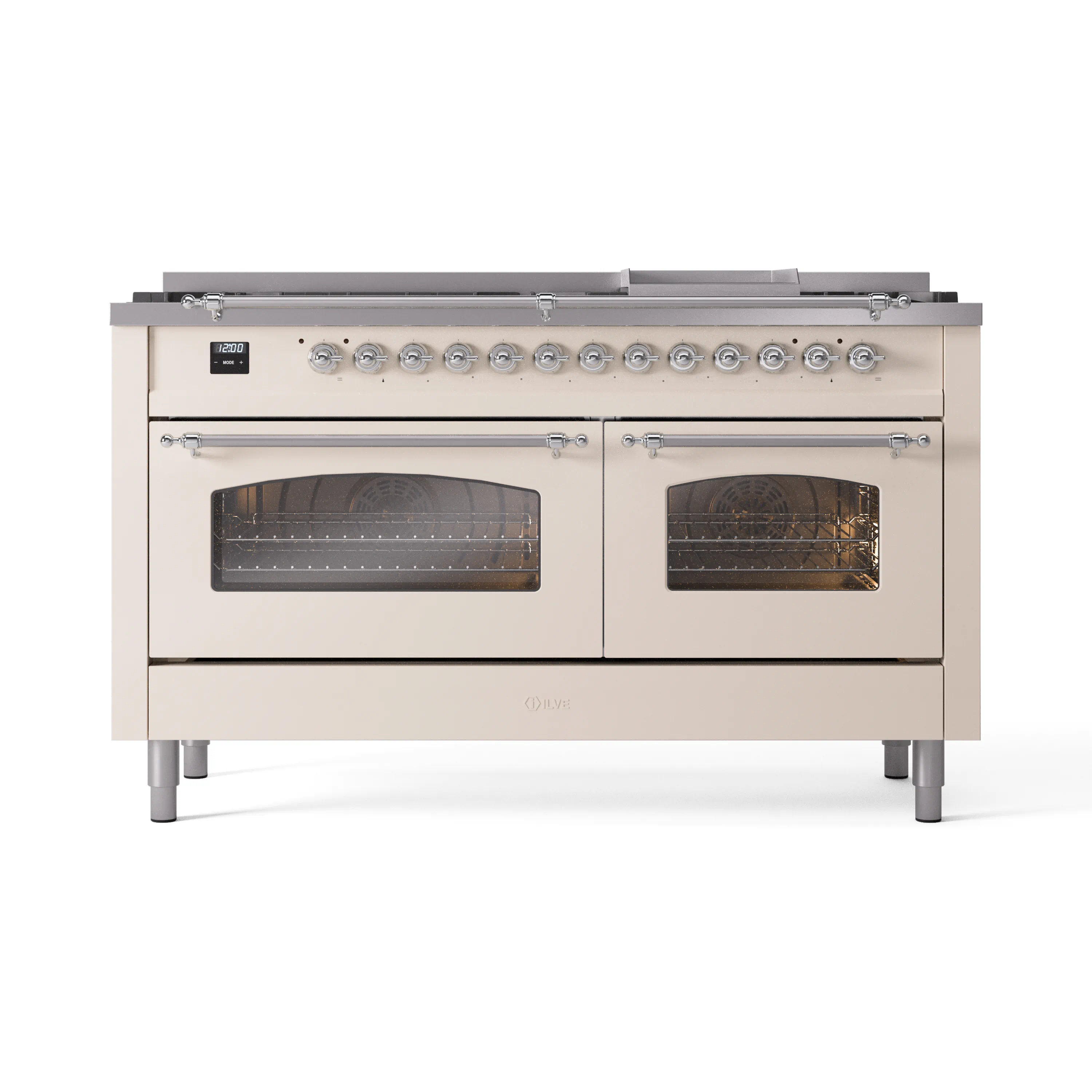 ILVE 60-Inch Nostalgie II Natural Gas Dual Fuel Range with 9 Burners, Griddle and Triple Glass Door Oven in Antique White with Chrome Trim (UP60FNMPAWC) - Image 2