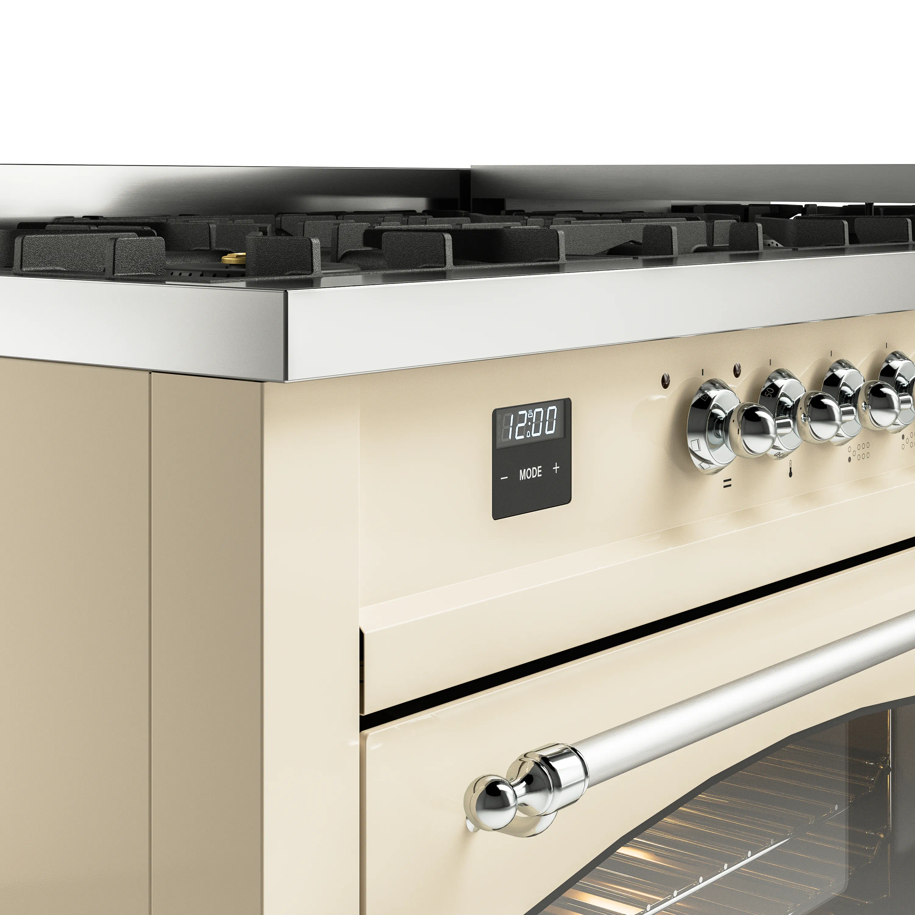 ILVE 60-Inch Nostalgie II Natural Gas Dual Fuel Range with 9 Burners, Griddle and Triple Glass Door Oven in Antique White with Chrome Trim (UP60FNMPAWC) - Image 3