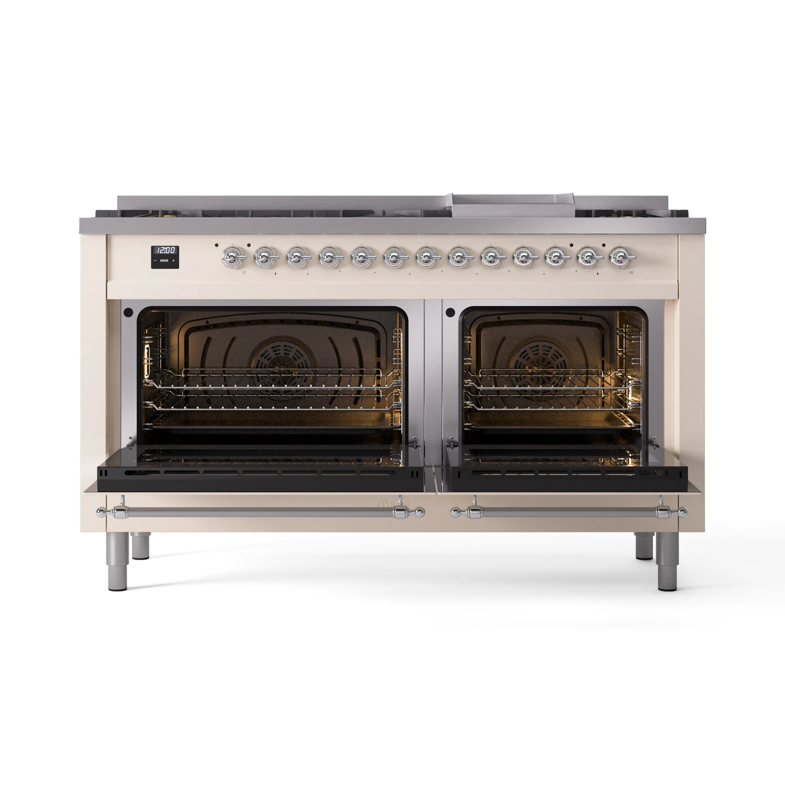 ILVE 60-Inch Nostalgie II Natural Gas Dual Fuel Range with 9 Burners, Griddle and Triple Glass Door Oven in Antique White with Chrome Trim (UP60FNMPAWC) - Image 5