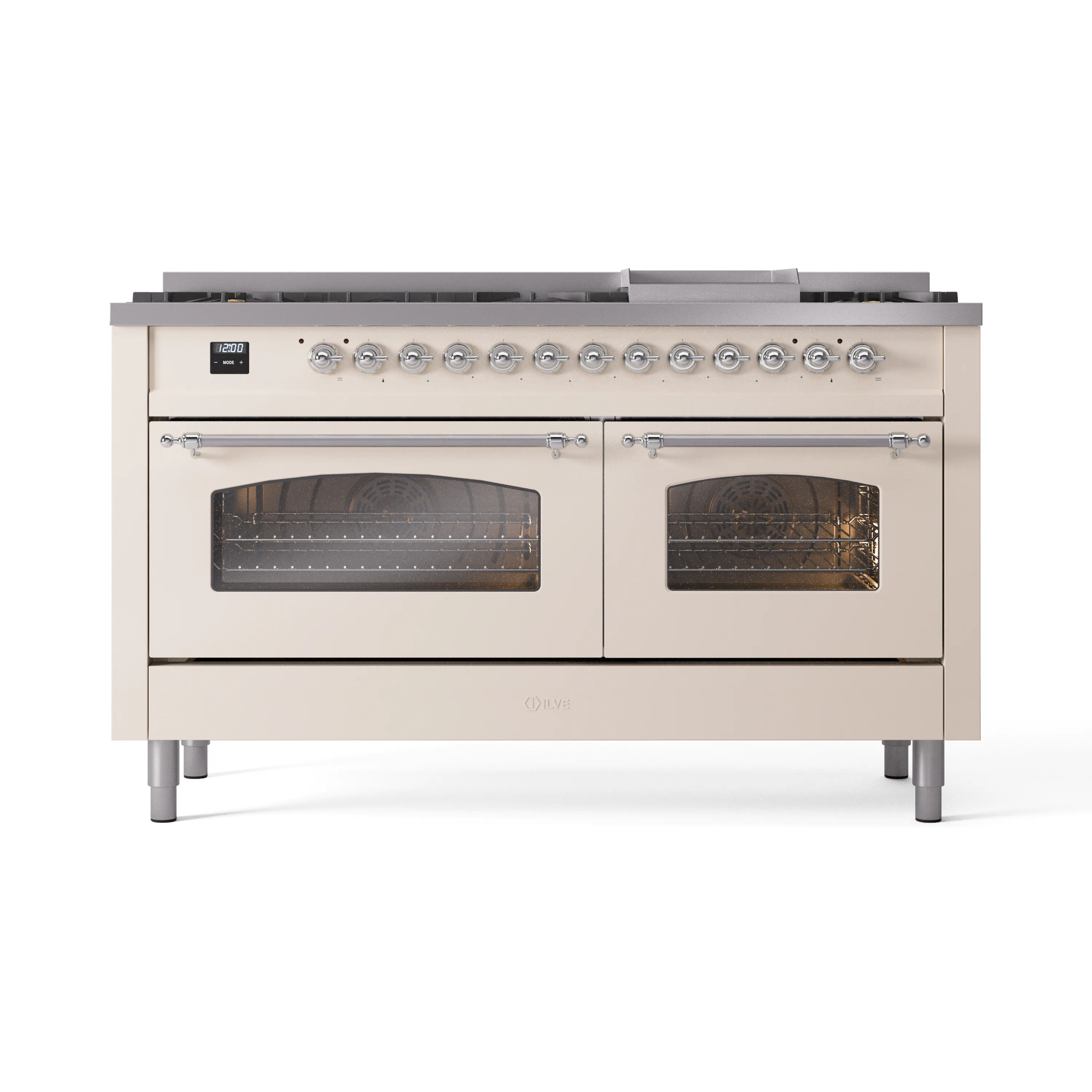 ILVE 60-Inch Nostalgie II Natural Gas Dual Fuel Range with 9 Burners, Griddle and Triple Glass Door Oven in Antique White with Chrome Trim (UP60FNMPAWC) - Image 6