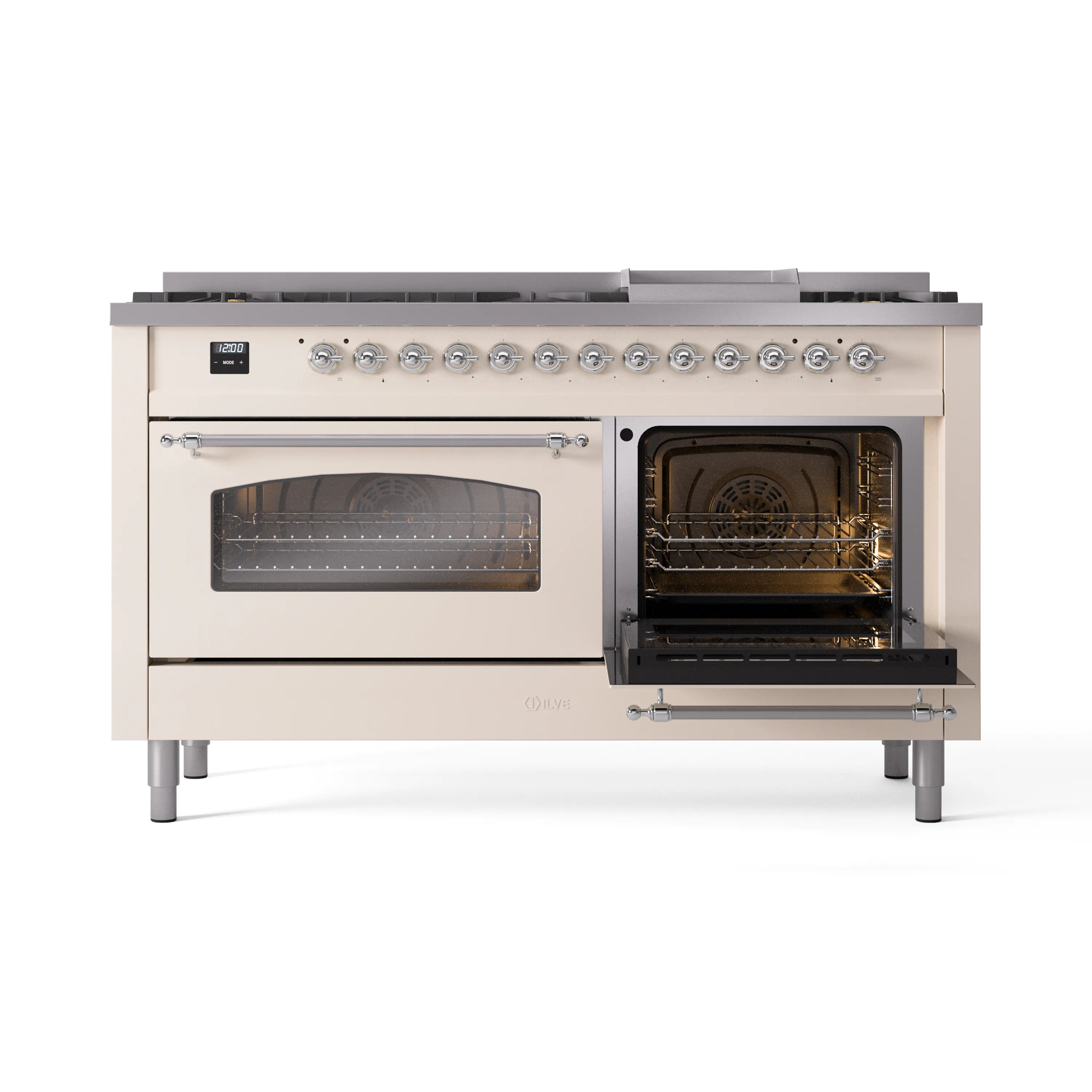 ILVE 60-Inch Nostalgie II Natural Gas Dual Fuel Range with 9 Burners, Griddle and Triple Glass Door Oven in Antique White with Chrome Trim (UP60FNMPAWC) - Image 7