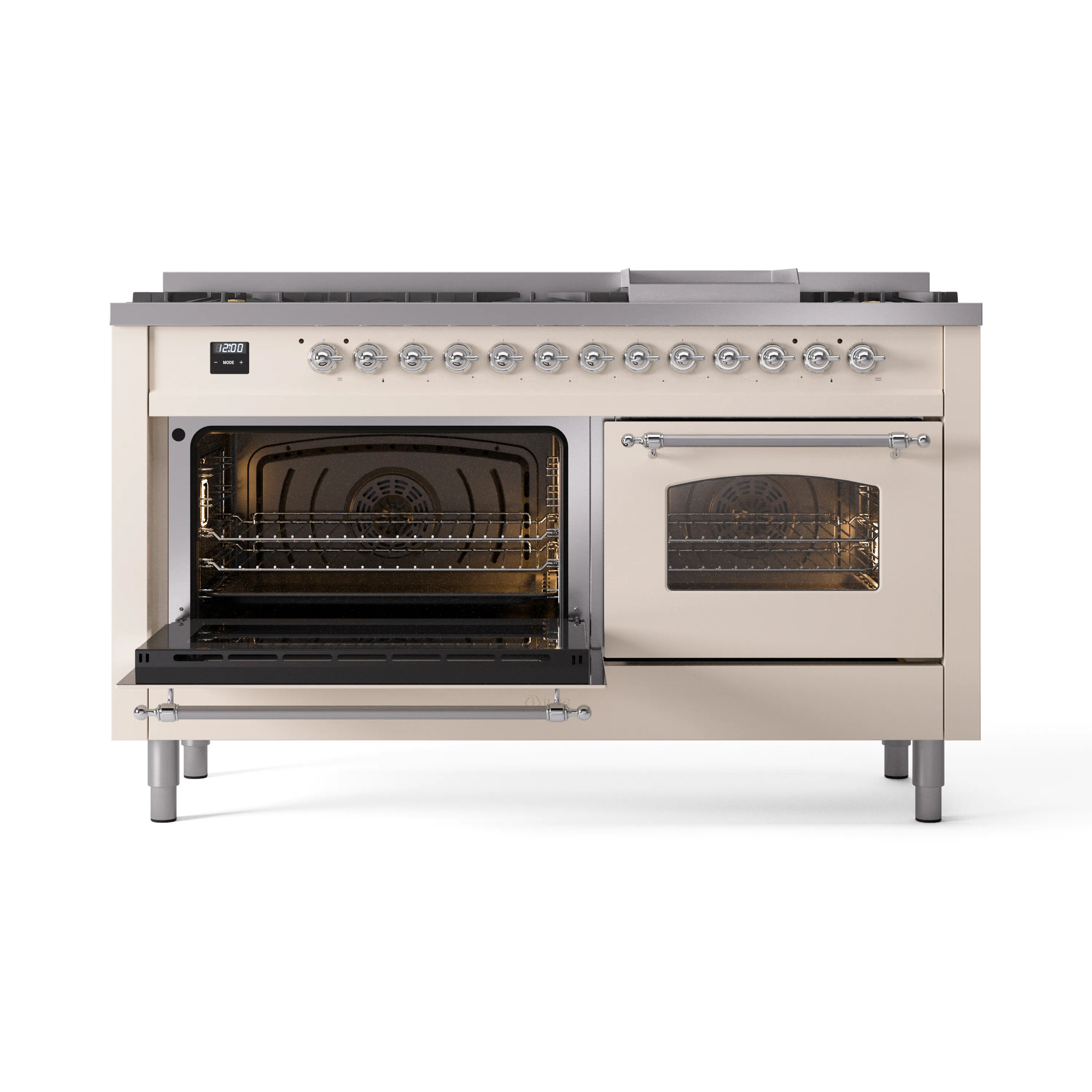 ILVE 60-Inch Nostalgie II Natural Gas Dual Fuel Range with 9 Burners, Griddle and Triple Glass Door Oven in Antique White with Chrome Trim (UP60FNMPAWC) - Image 8