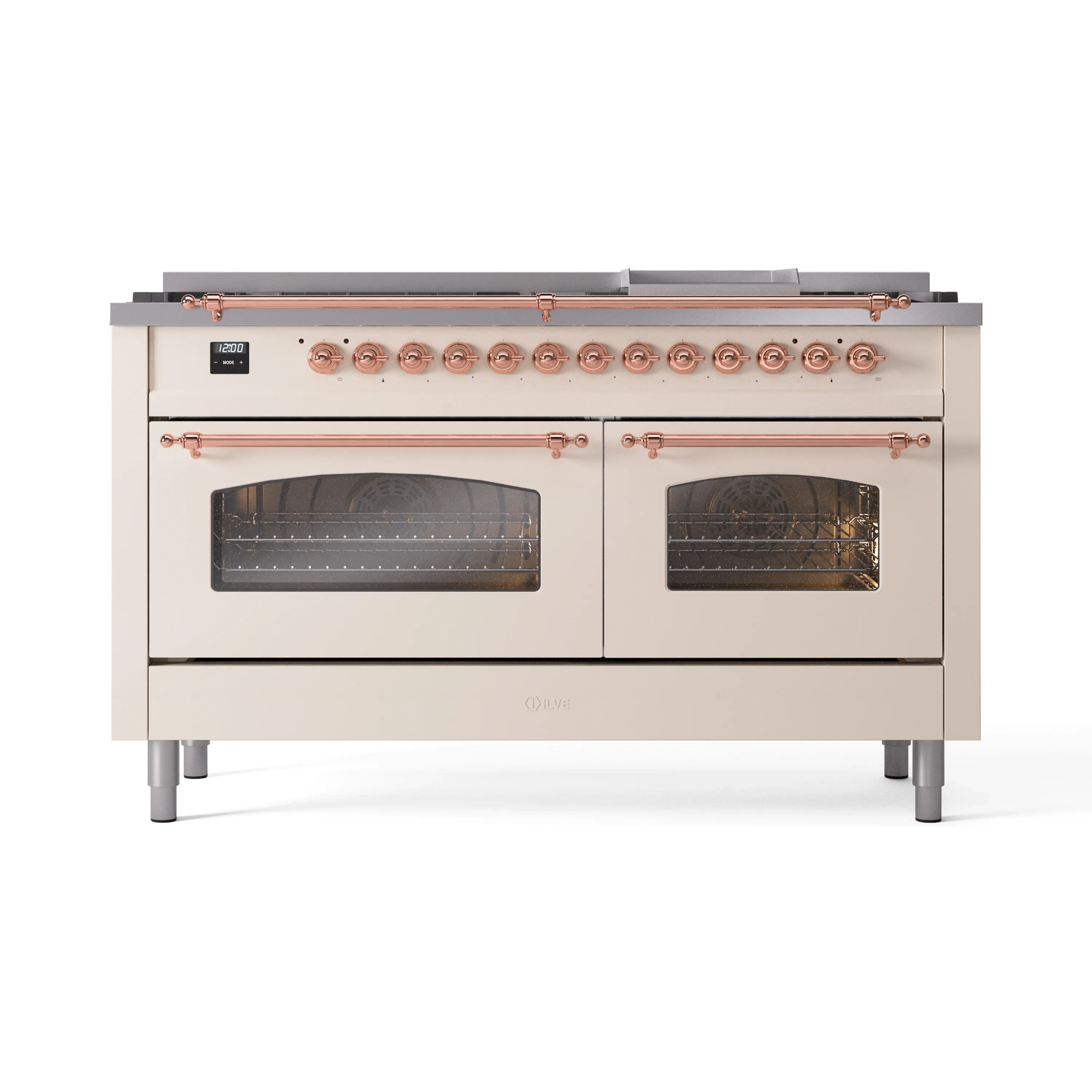 ILVE 60-Inch Nostalgie II Natural Gas Dual Fuel Range with 9 Burners, Griddle and Triple Glass Door Oven in Antique White with Copper Trim (UP60FNMPAWP) - Image 2