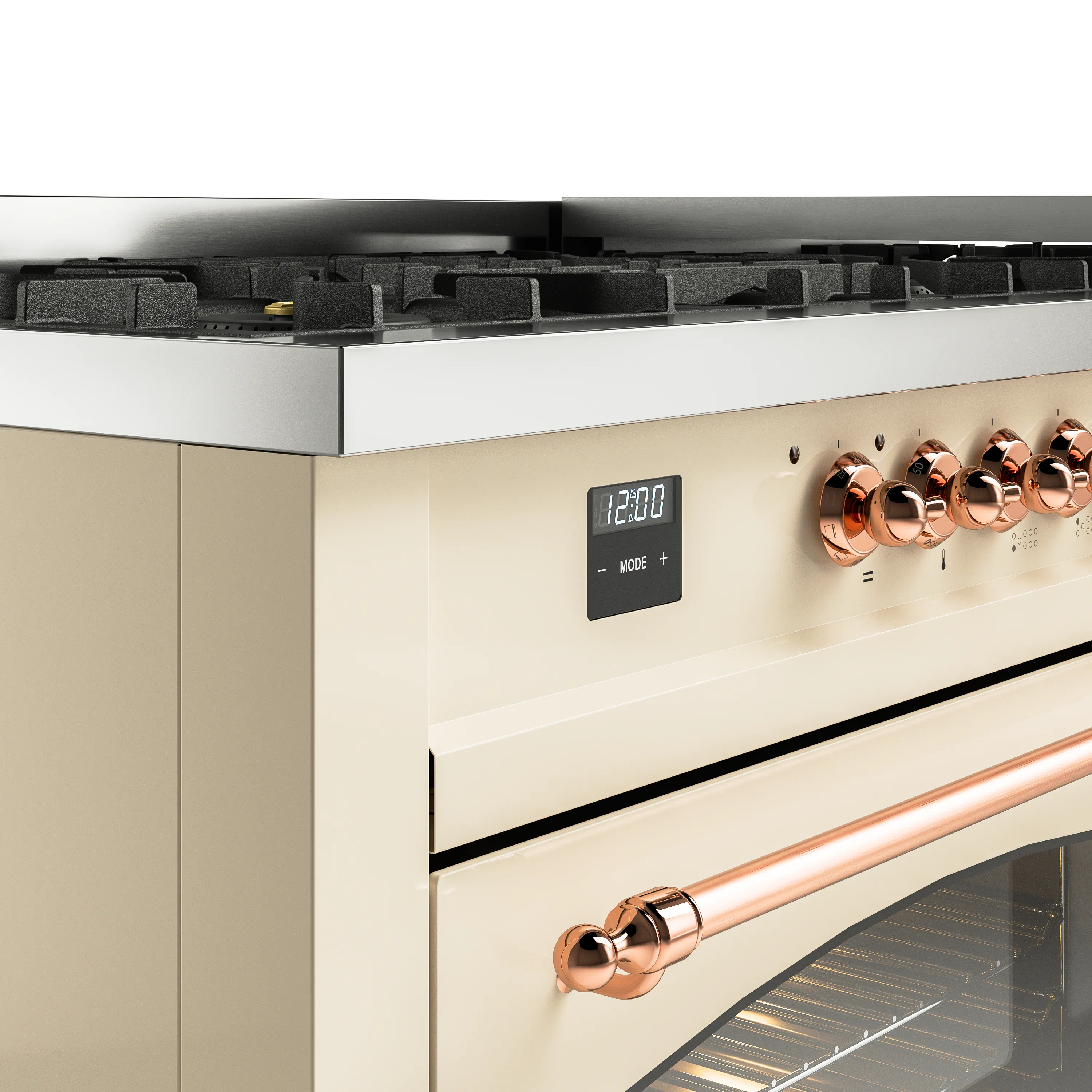 ILVE 60-Inch Nostalgie II Natural Gas Dual Fuel Range with 9 Burners, Griddle and Triple Glass Door Oven in Antique White with Copper Trim (UP60FNMPAWP) - Image 3