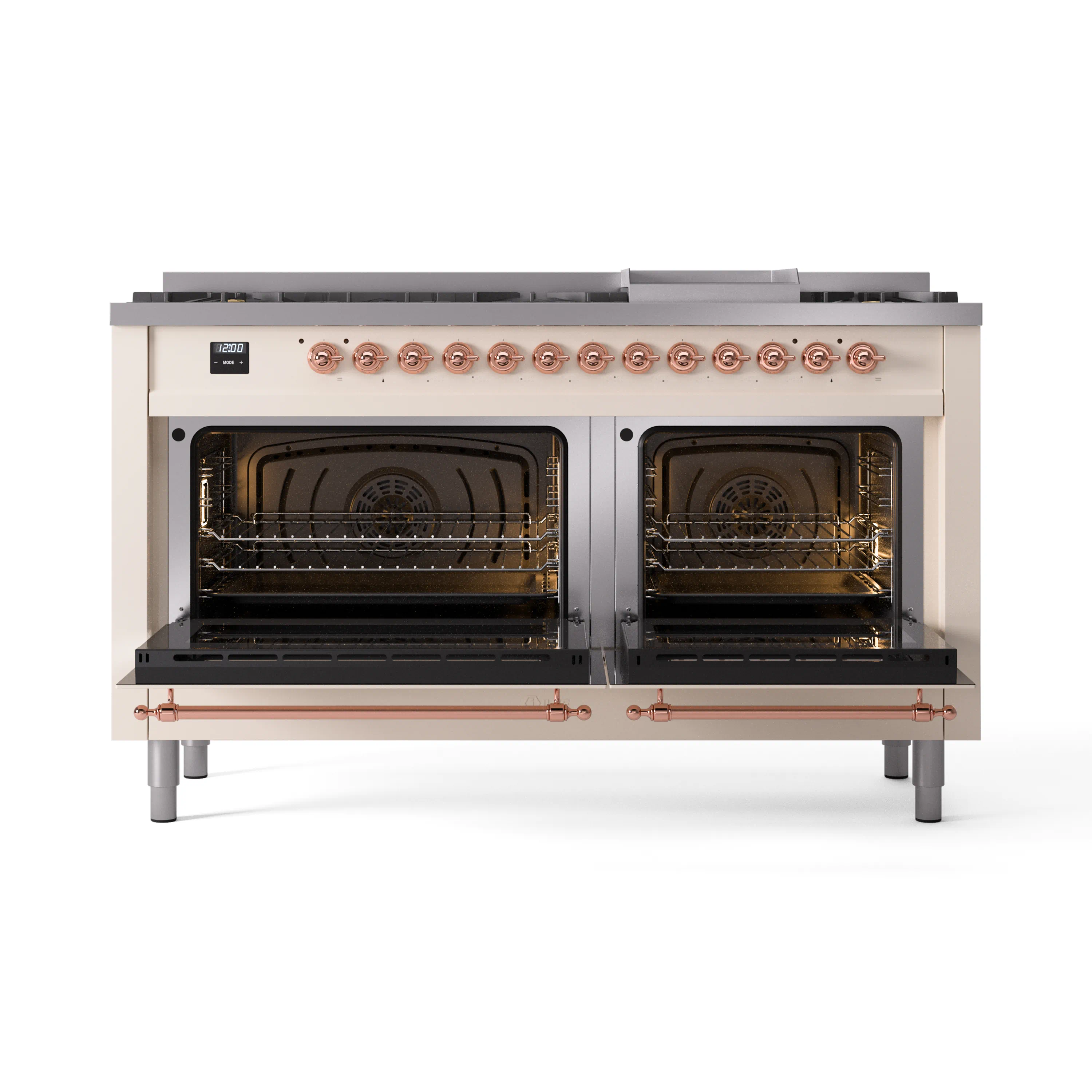 ILVE 60-Inch Nostalgie II Natural Gas Dual Fuel Range with 9 Burners, Griddle and Triple Glass Door Oven in Antique White with Copper Trim (UP60FNMPAWP) - Image 5