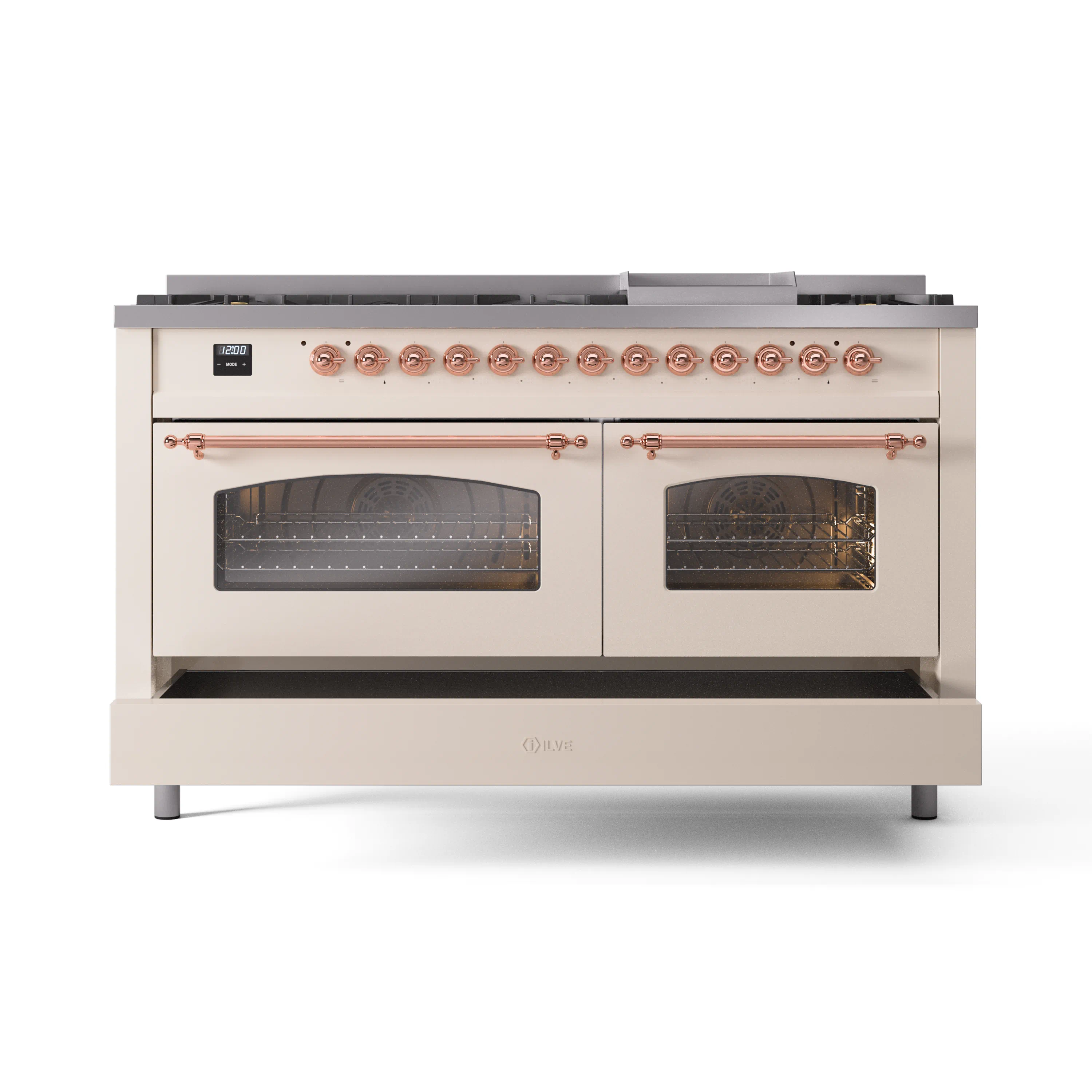 ILVE 60-Inch Nostalgie II Natural Gas Dual Fuel Range with 9 Burners, Griddle and Triple Glass Door Oven in Antique White with Copper Trim (UP60FNMPAWP) - Image 6