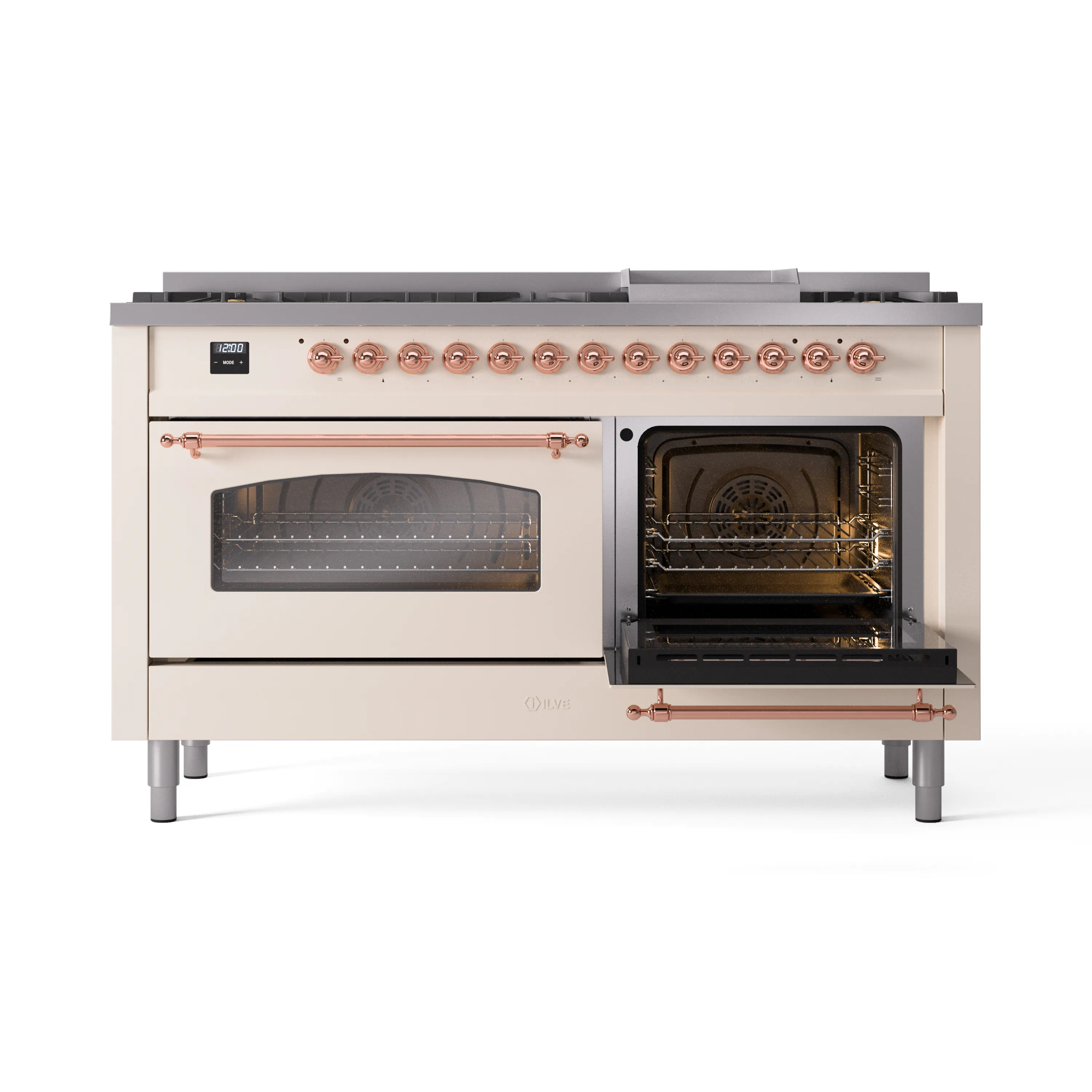 ILVE 60-Inch Nostalgie II Natural Gas Dual Fuel Range with 9 Burners, Griddle and Triple Glass Door Oven in Antique White with Copper Trim (UP60FNMPAWP) - Image 7
