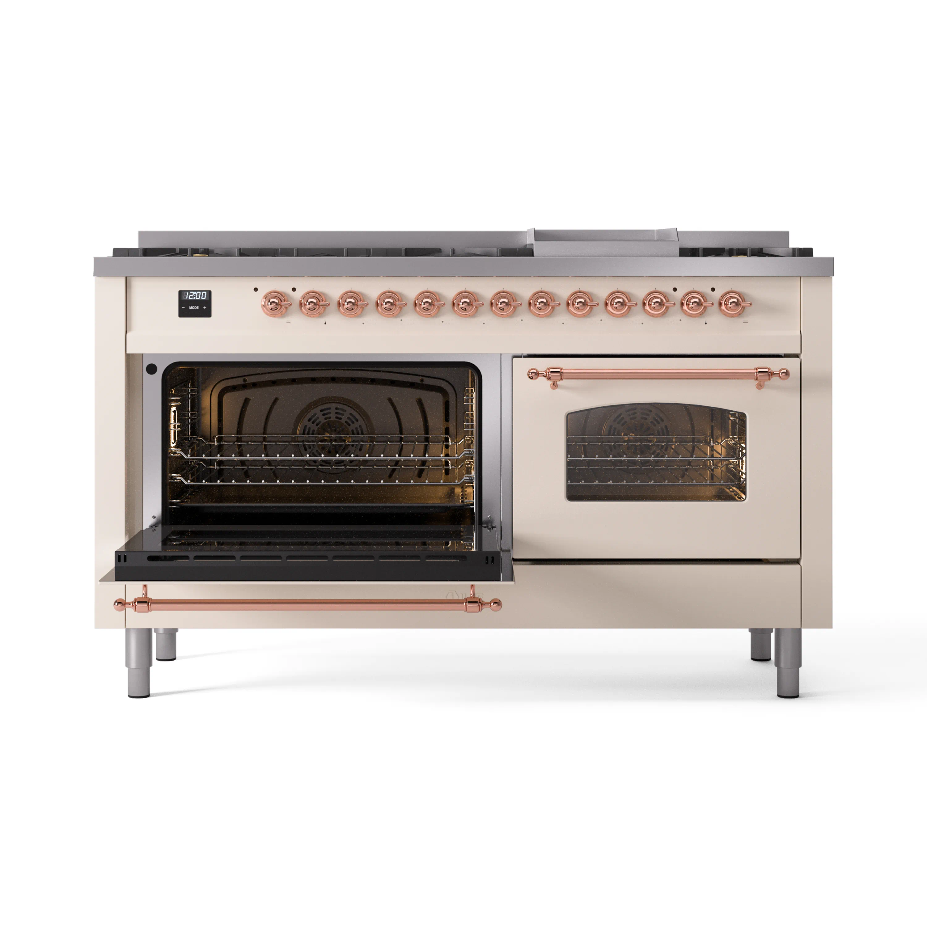 ILVE 60-Inch Nostalgie II Natural Gas Dual Fuel Range with 9 Burners, Griddle and Triple Glass Door Oven in Antique White with Copper Trim (UP60FNMPAWP) - Image 8