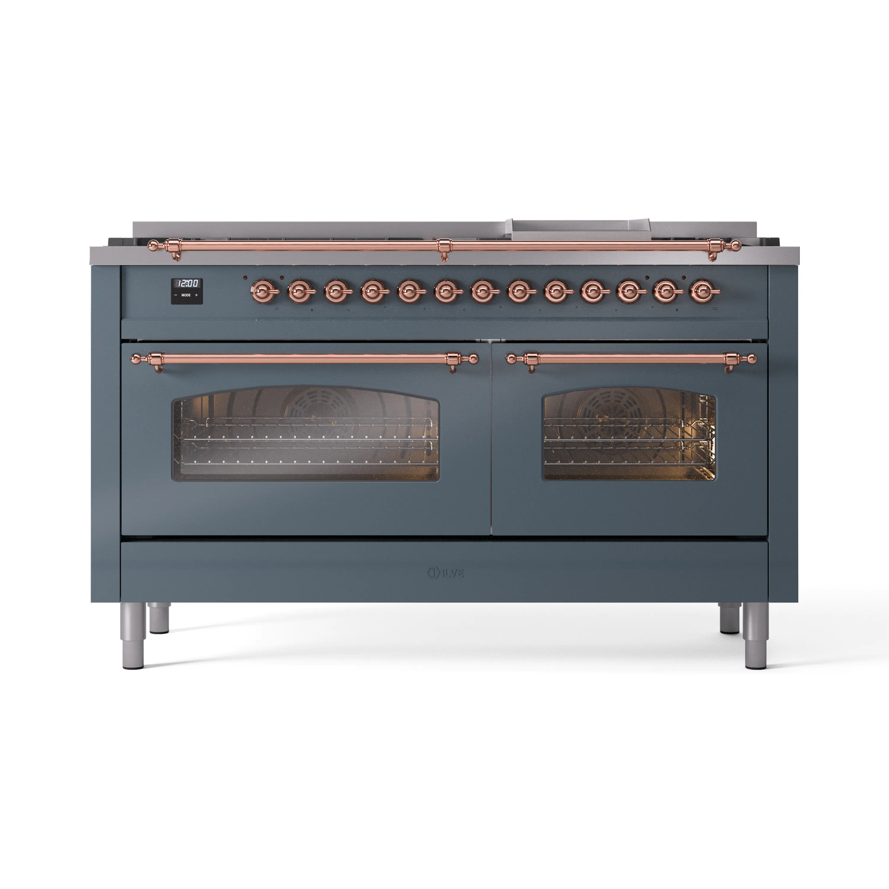 ILVE 60-Inch Nostalgie II Natural Gas Dual Fuel Range with 9 Burners, Griddle and Triple Glass Door Oven in Blue Grey with Copper Trim (UP60FNMPBGP) - Image 2