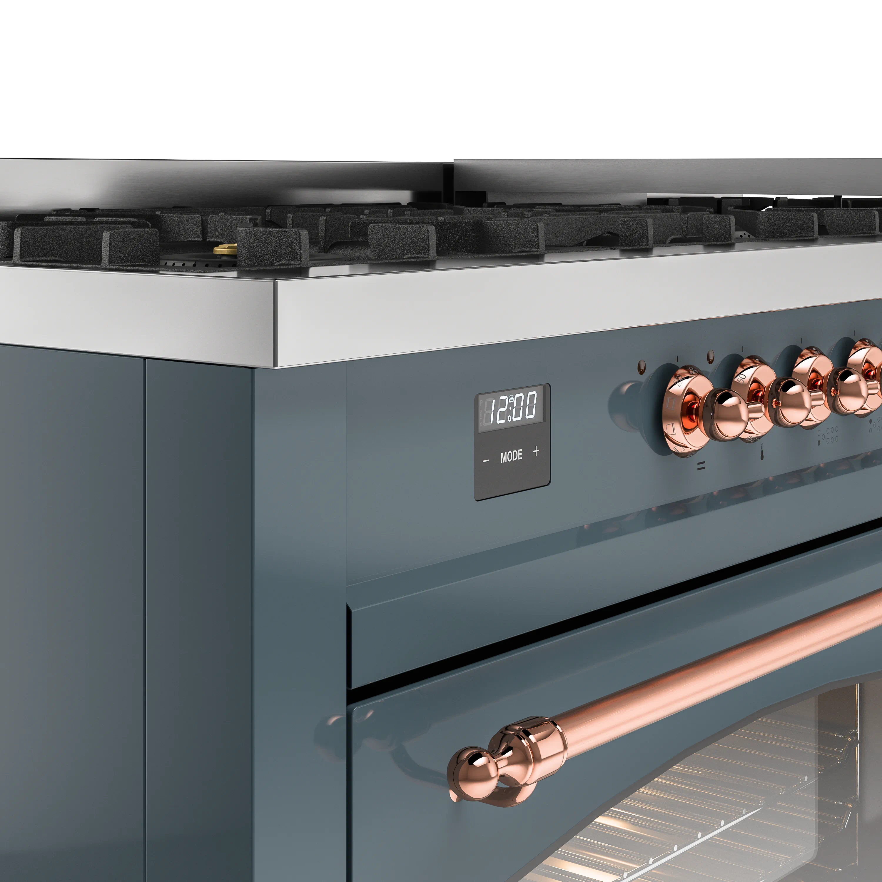 ILVE 60-Inch Nostalgie II Natural Gas Dual Fuel Range with 9 Burners, Griddle and Triple Glass Door Oven in Blue Grey with Copper Trim (UP60FNMPBGP) - Image 3