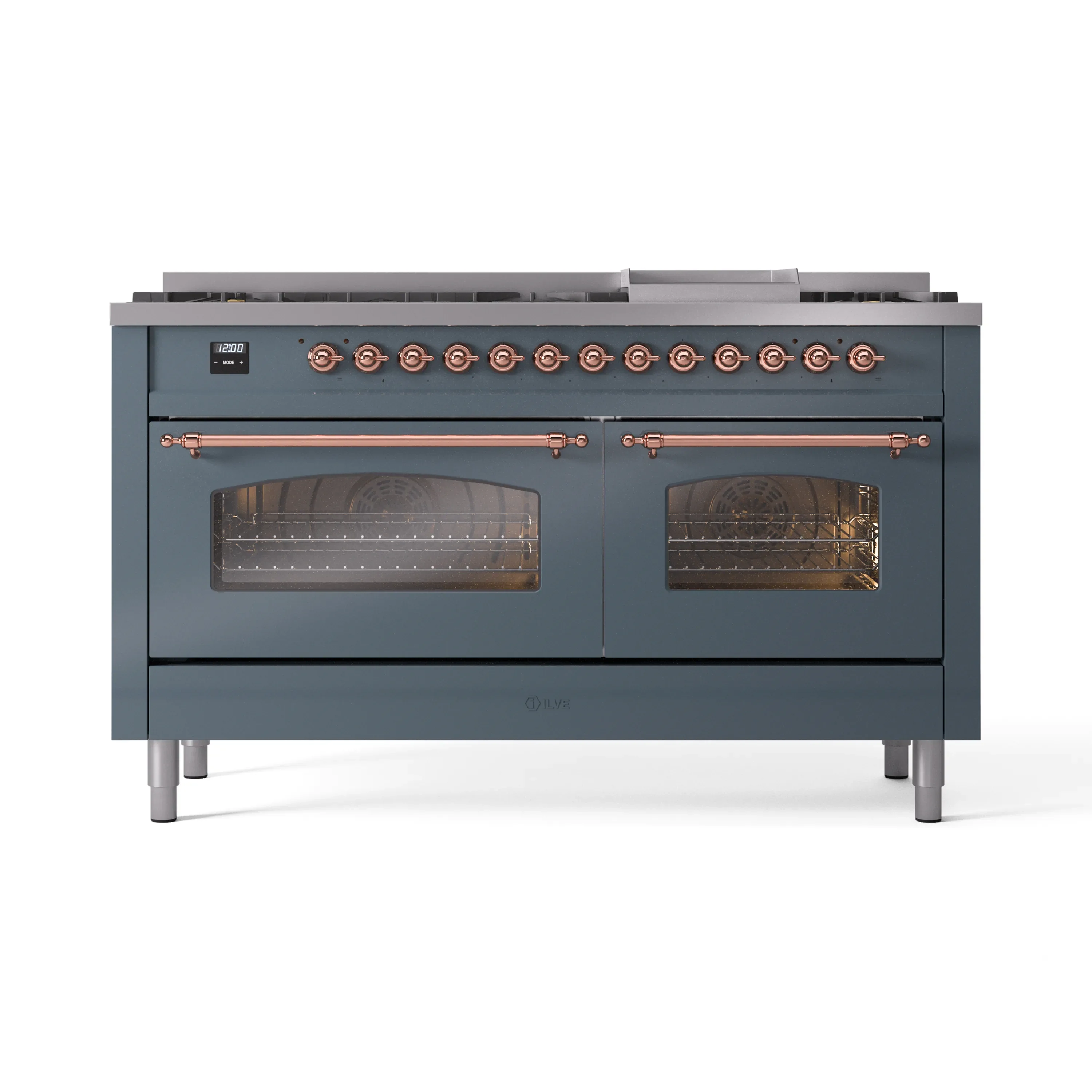 ILVE 60-Inch Nostalgie II Natural Gas Dual Fuel Range with 9 Burners, Griddle and Triple Glass Door Oven in Blue Grey with Copper Trim (UP60FNMPBGP) - Image 6