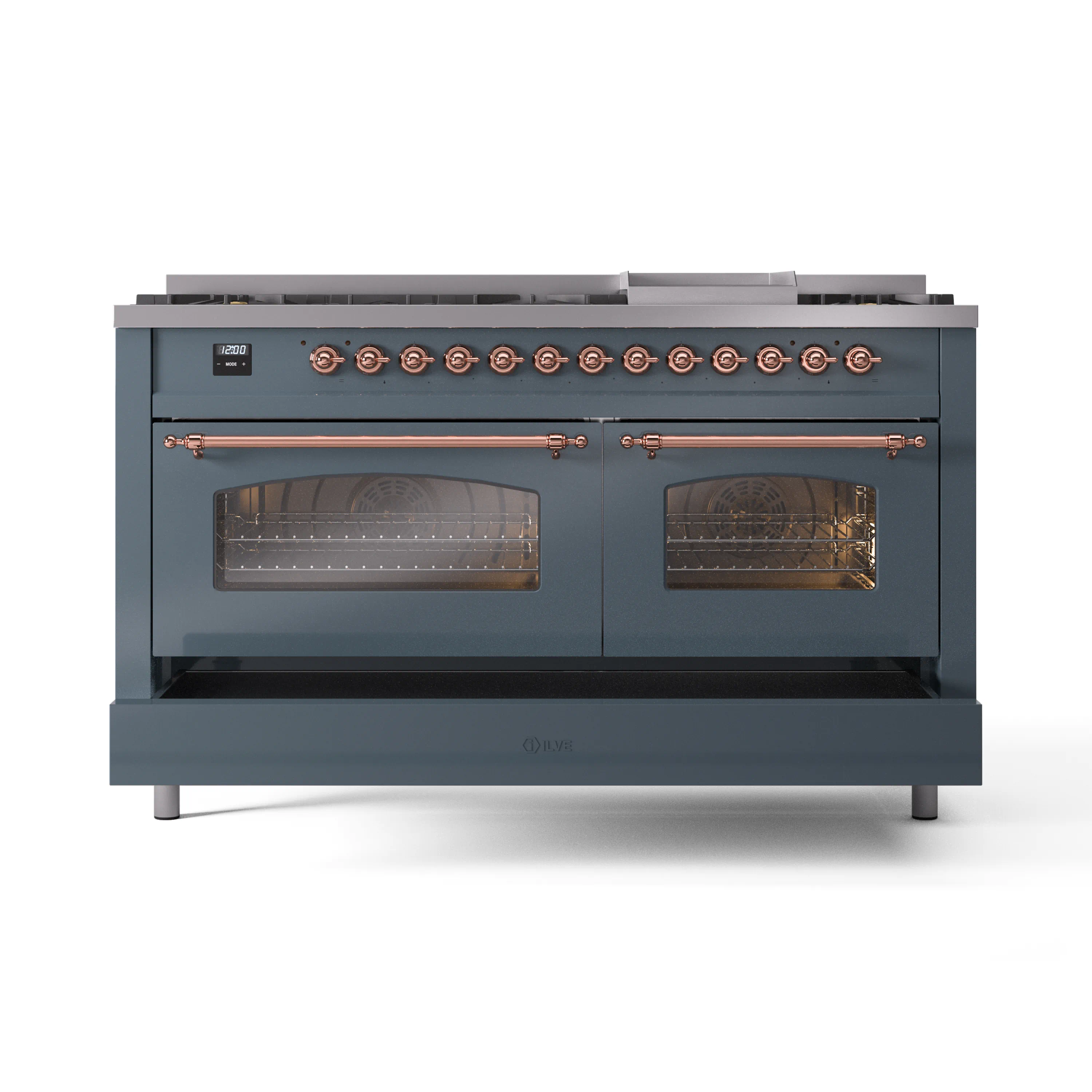 ILVE 60-Inch Nostalgie II Natural Gas Dual Fuel Range with 9 Burners, Griddle and Triple Glass Door Oven in Blue Grey with Copper Trim (UP60FNMPBGP) - Image 7