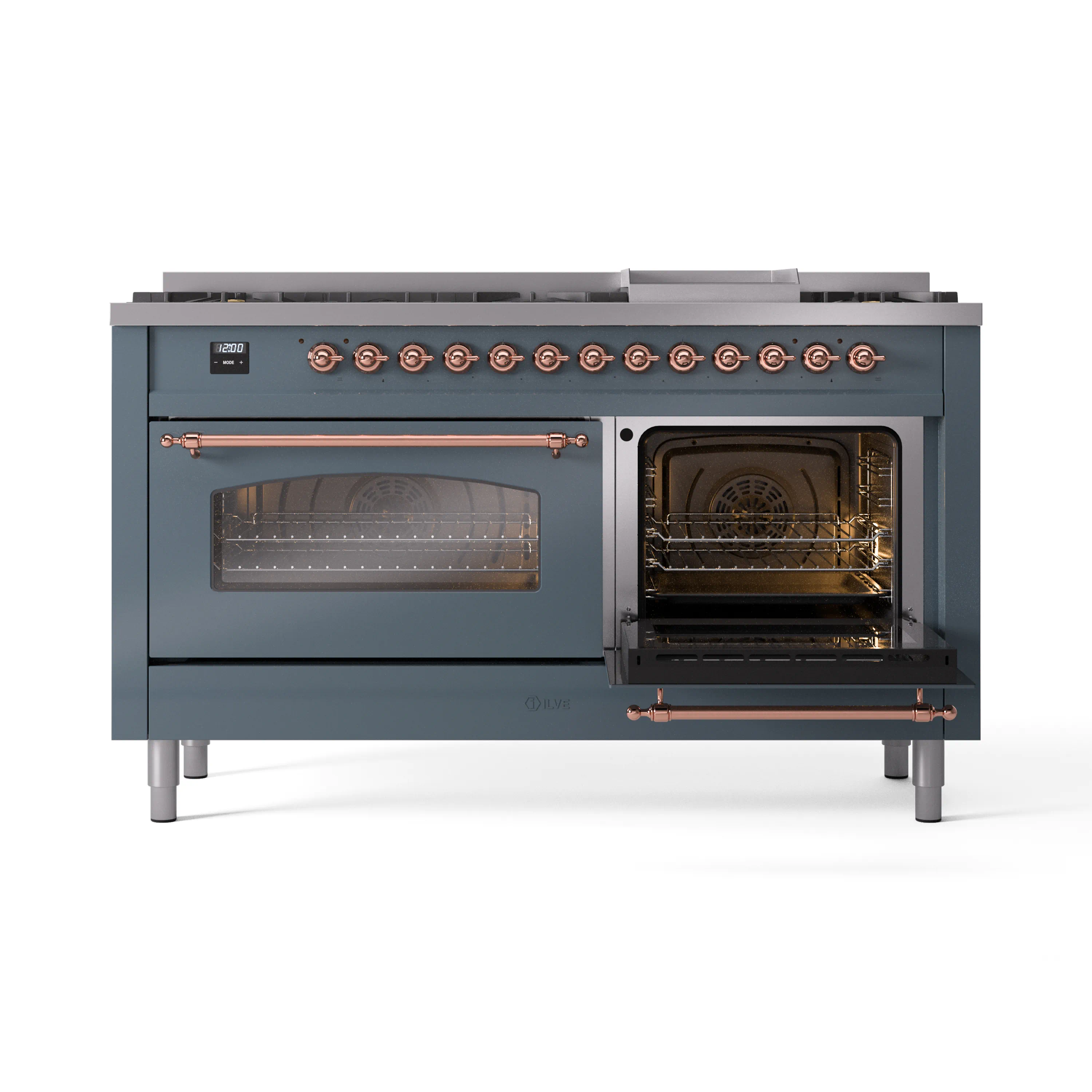 ILVE 60-Inch Nostalgie II Natural Gas Dual Fuel Range with 9 Burners, Griddle and Triple Glass Door Oven in Blue Grey with Copper Trim (UP60FNMPBGP) - Image 8