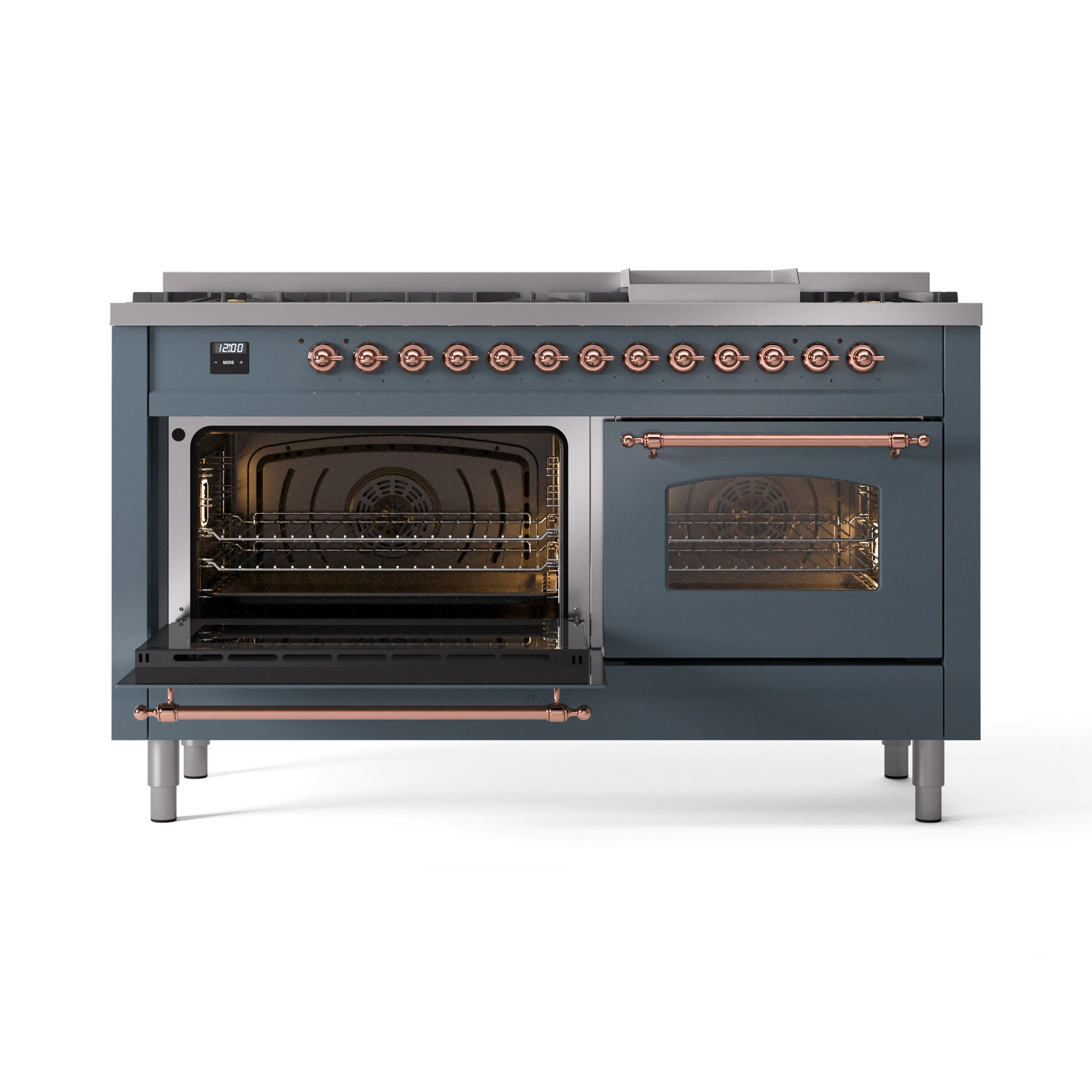 ILVE 60-Inch Nostalgie II Natural Gas Dual Fuel Range with 9 Burners, Griddle and Triple Glass Door Oven in Blue Grey with Copper Trim (UP60FNMPBGP) - Image 9