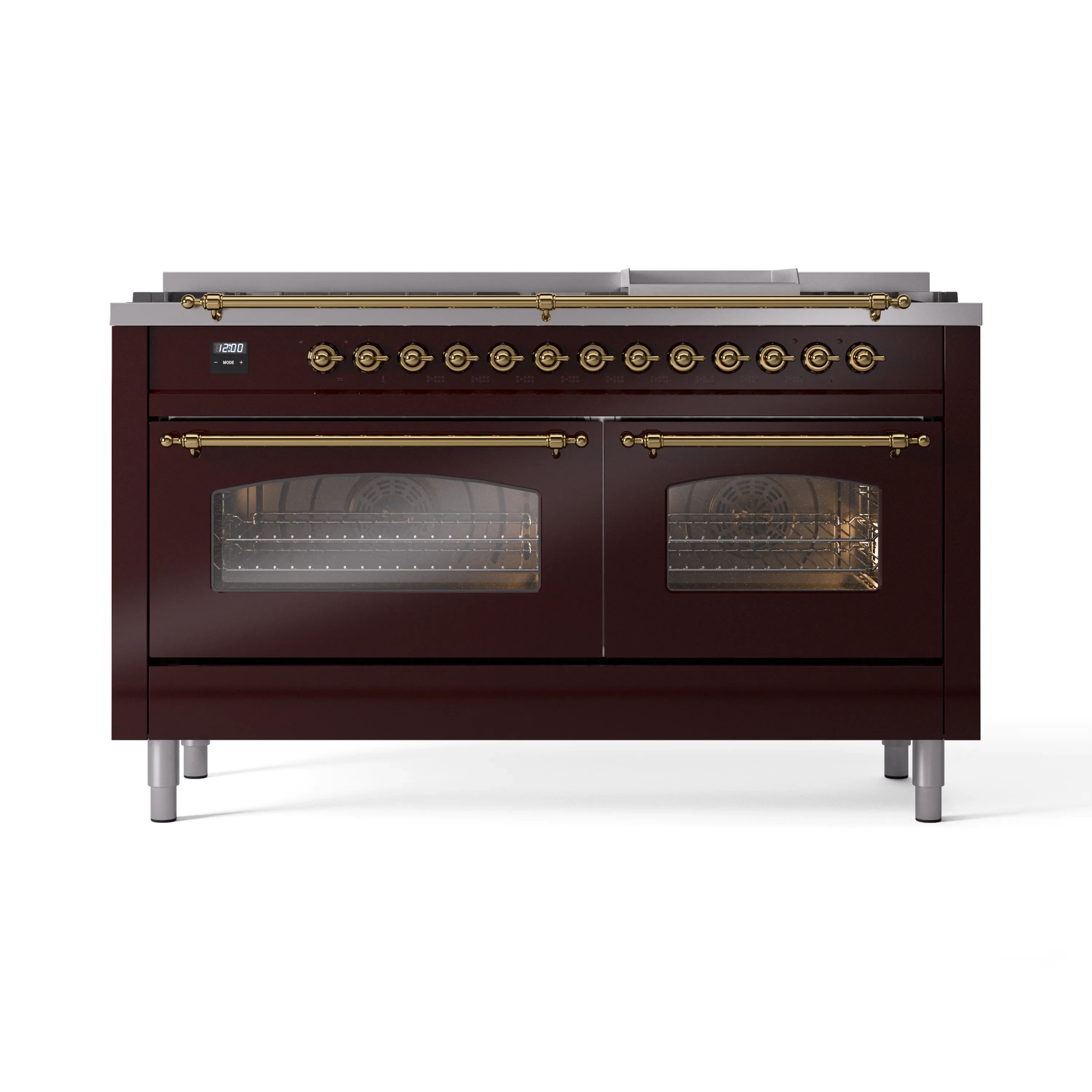 ILVE 60-Inch Nostalgie II Natural Gas Dual Fuel Range with 9 Burners, Griddle and Triple Glass Door Oven in Burgundy with Brass Trim (UP60FNMPBUG) - Image 2