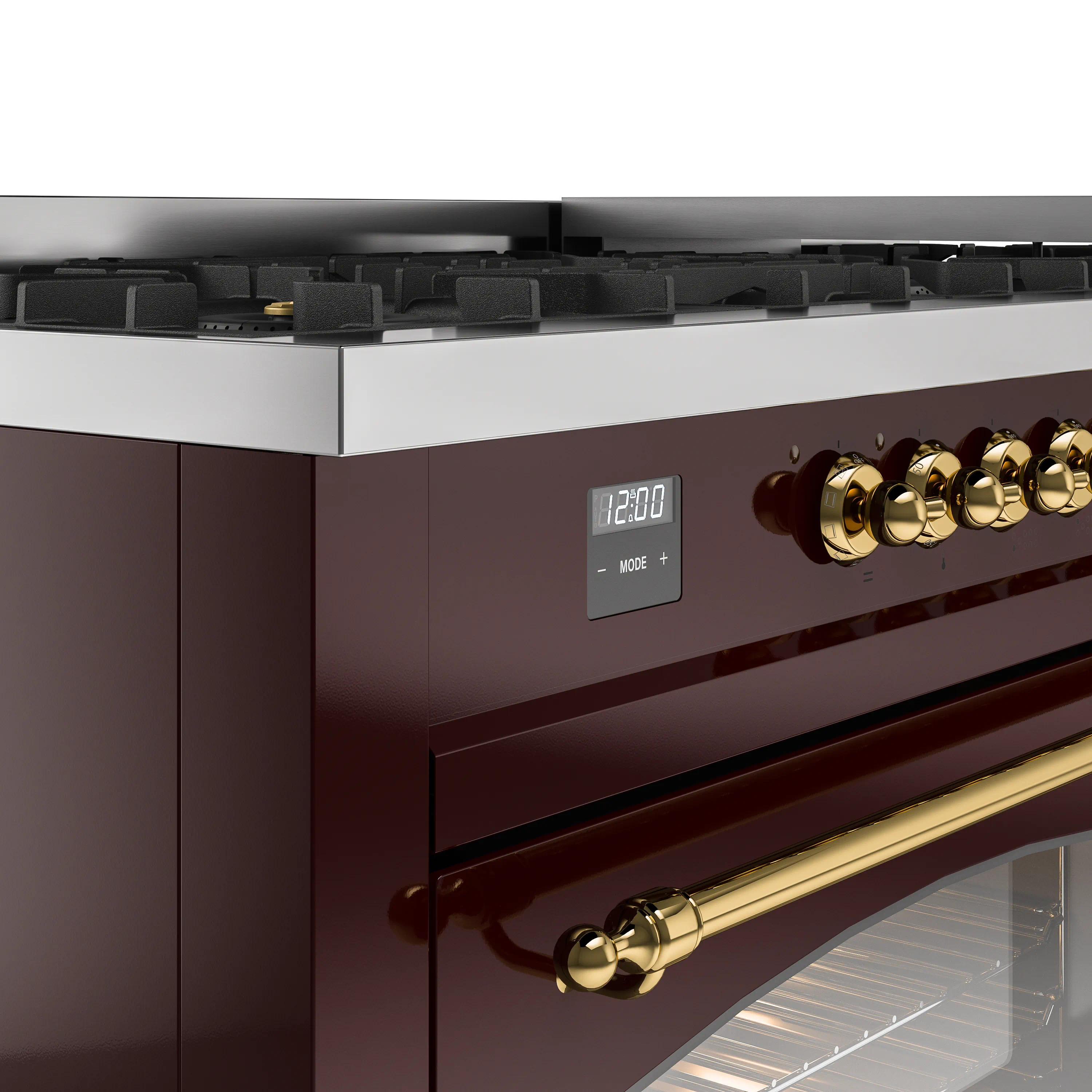 ILVE 60-Inch Nostalgie II Natural Gas Dual Fuel Range with 9 Burners, Griddle and Triple Glass Door Oven in Burgundy with Brass Trim (UP60FNMPBUG) - Image 3