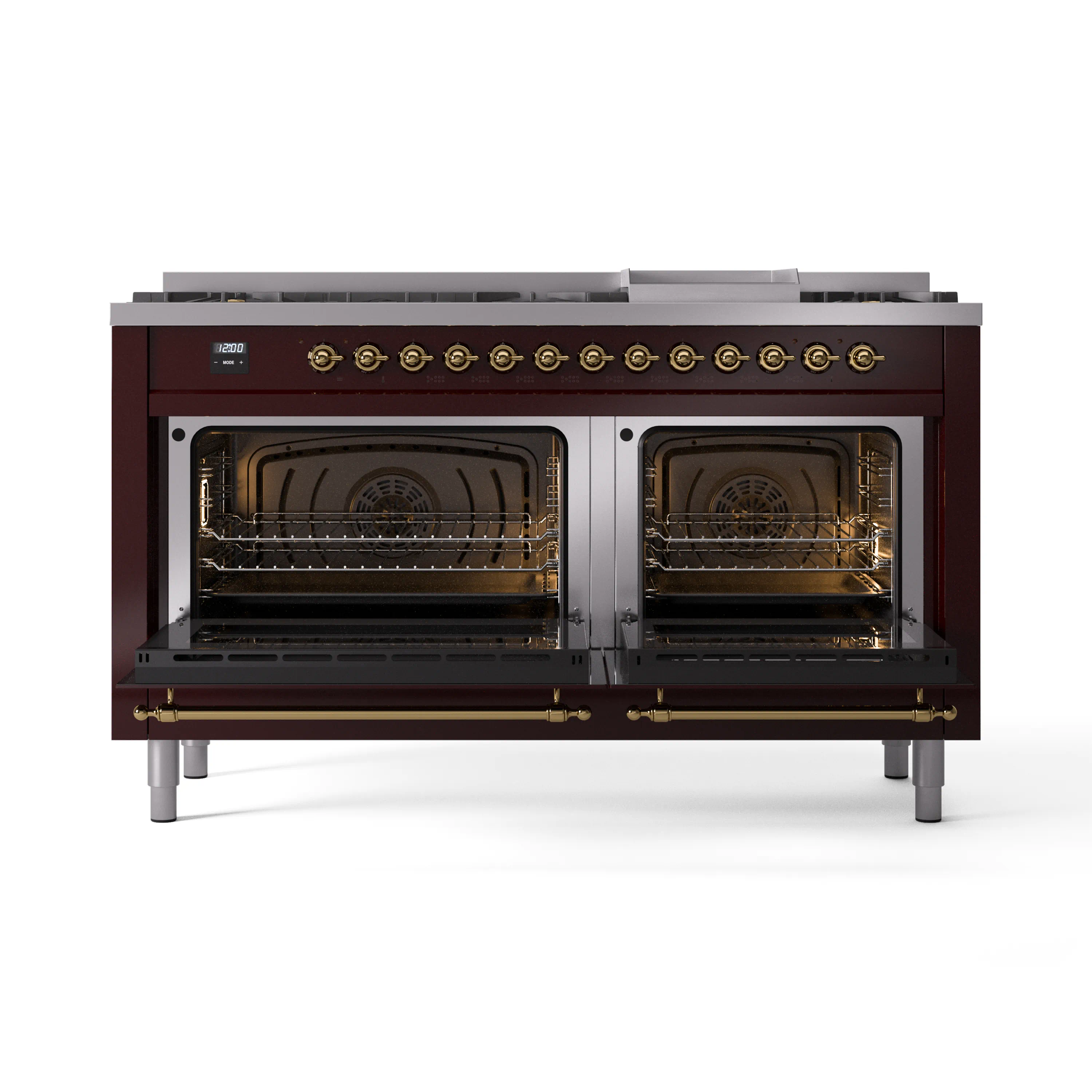 ILVE 60-Inch Nostalgie II Natural Gas Dual Fuel Range with 9 Burners, Griddle and Triple Glass Door Oven in Burgundy with Brass Trim (UP60FNMPBUG) - Image 5