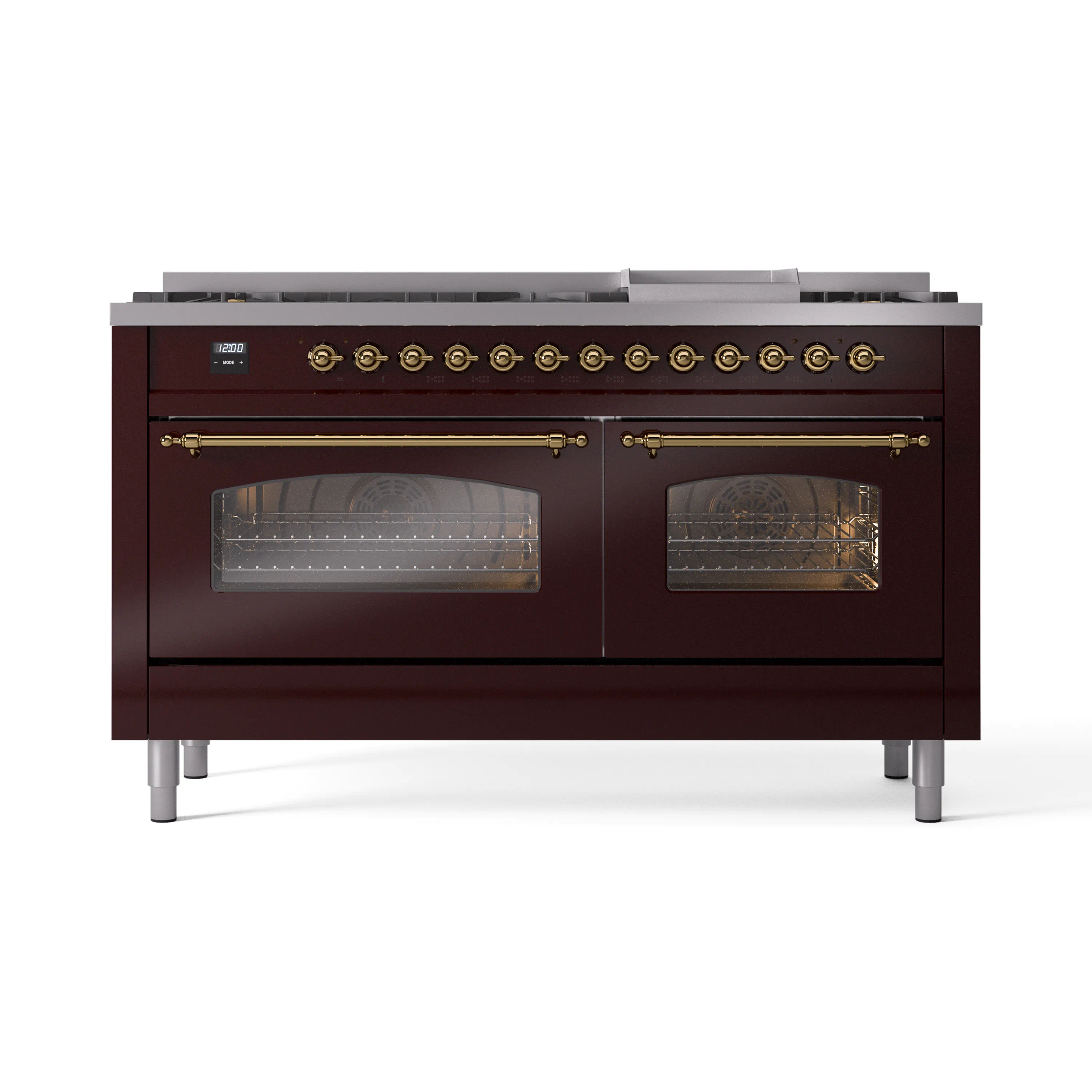 ILVE 60-Inch Nostalgie II Natural Gas Dual Fuel Range with 9 Burners, Griddle and Triple Glass Door Oven in Burgundy with Brass Trim (UP60FNMPBUG) - Image 6